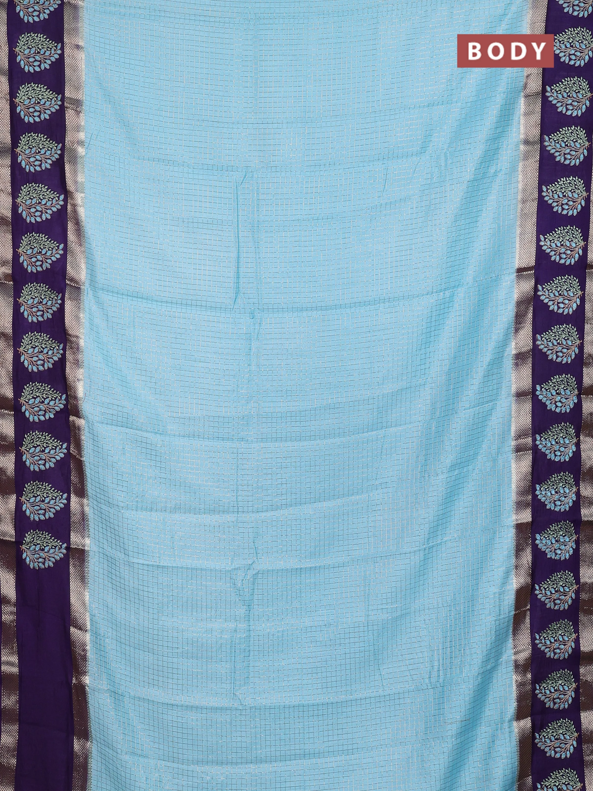 Semi chanderi saree light blue and violet with allover zari woven checked pattern and embroidery zari border - Image 2
