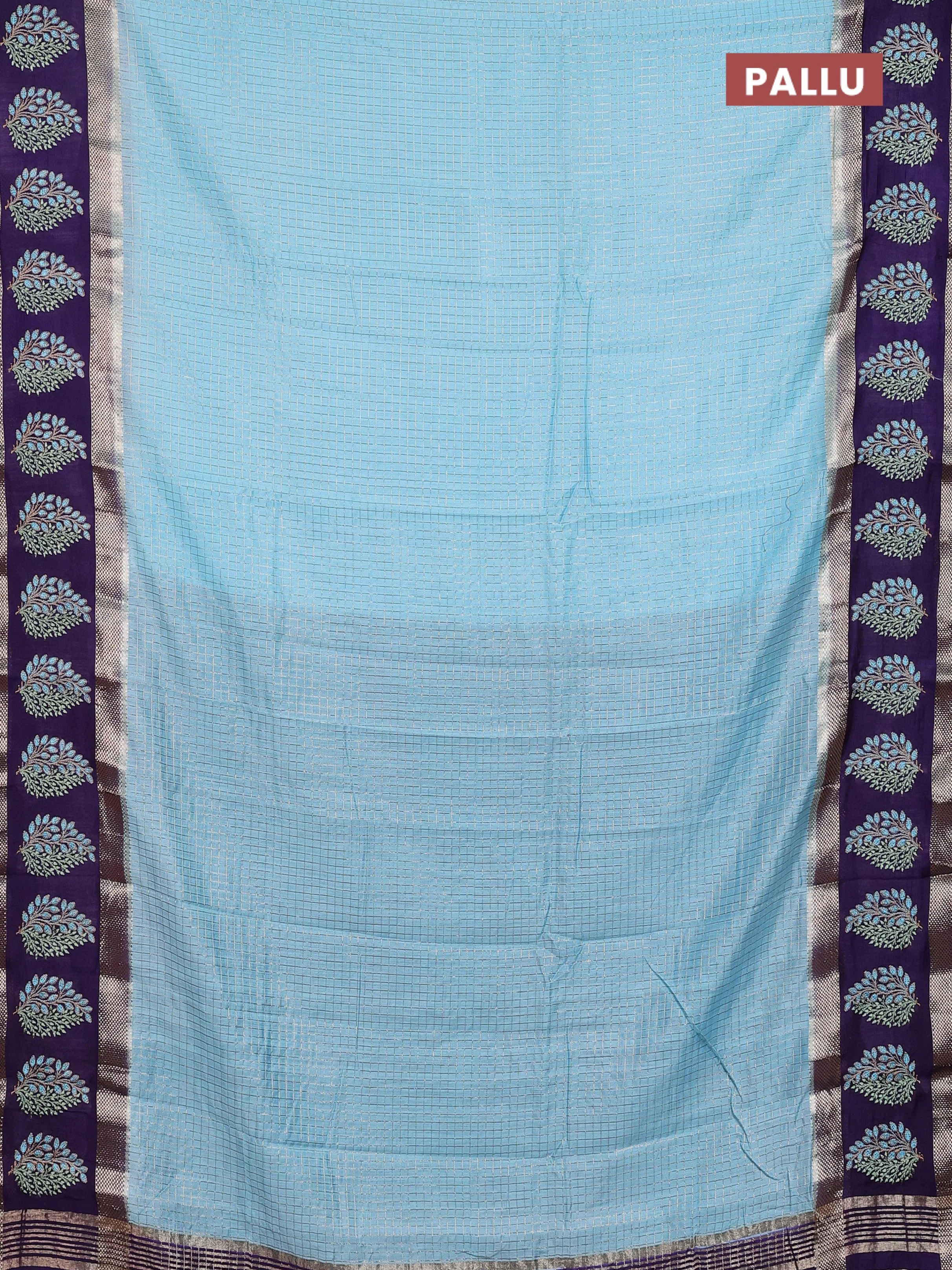 Semi chanderi saree light blue and violet with allover zari woven checked pattern and embroidery zari border - Image 3
