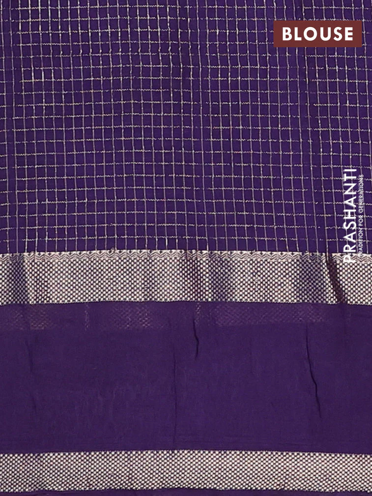 Semi chanderi saree light blue and violet with allover zari woven checked pattern and embroidery zari border - Image 4