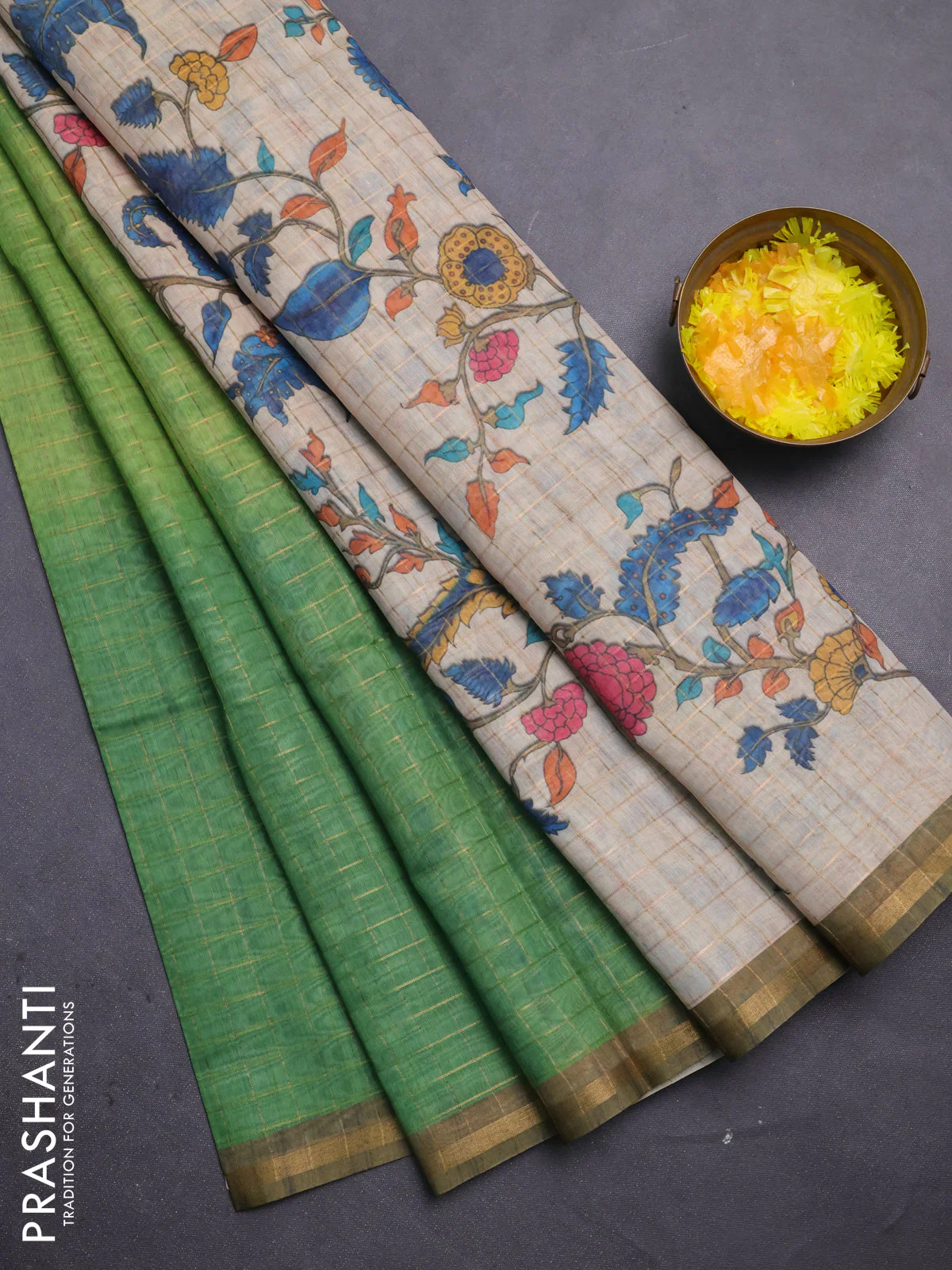 Semi chanderi saree light green and beige with allover zari woven checked pattern and kalamkari printed pallu