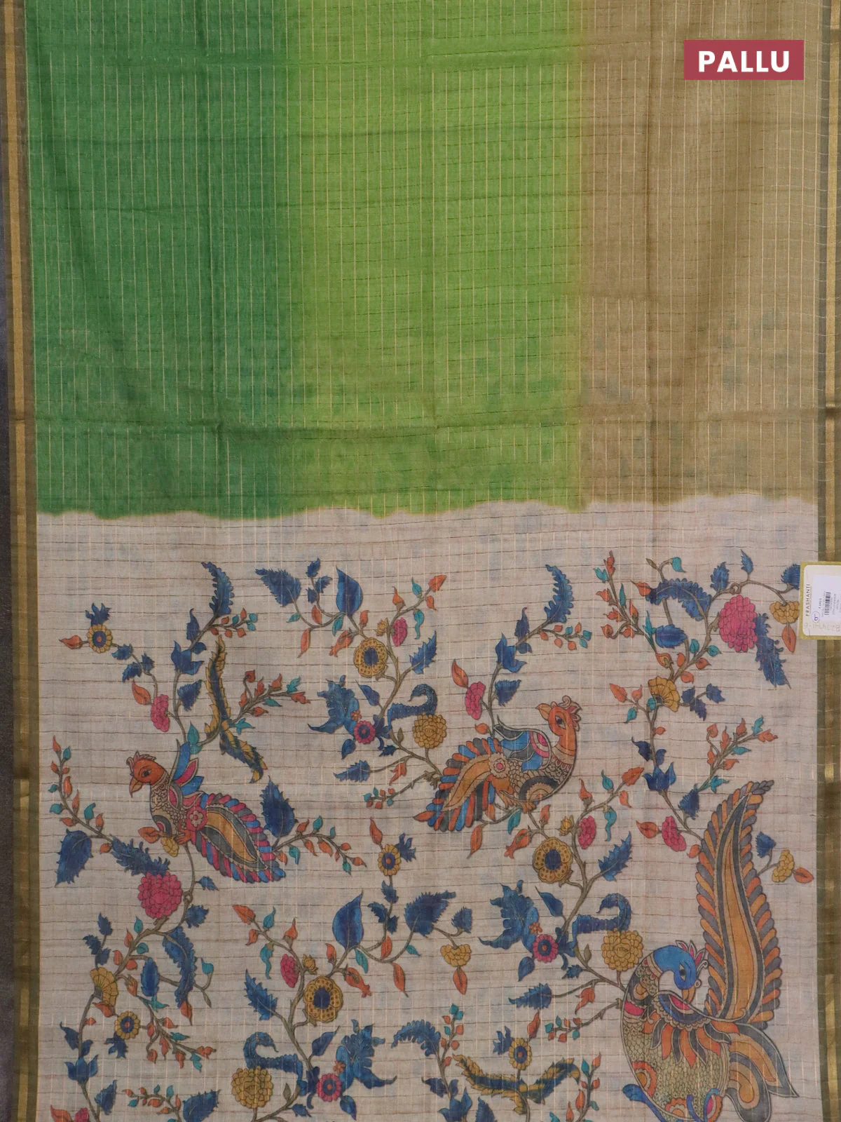 Semi chanderi saree light green and beige with allover zari woven checked pattern and kalamkari printed pallu - Image 3