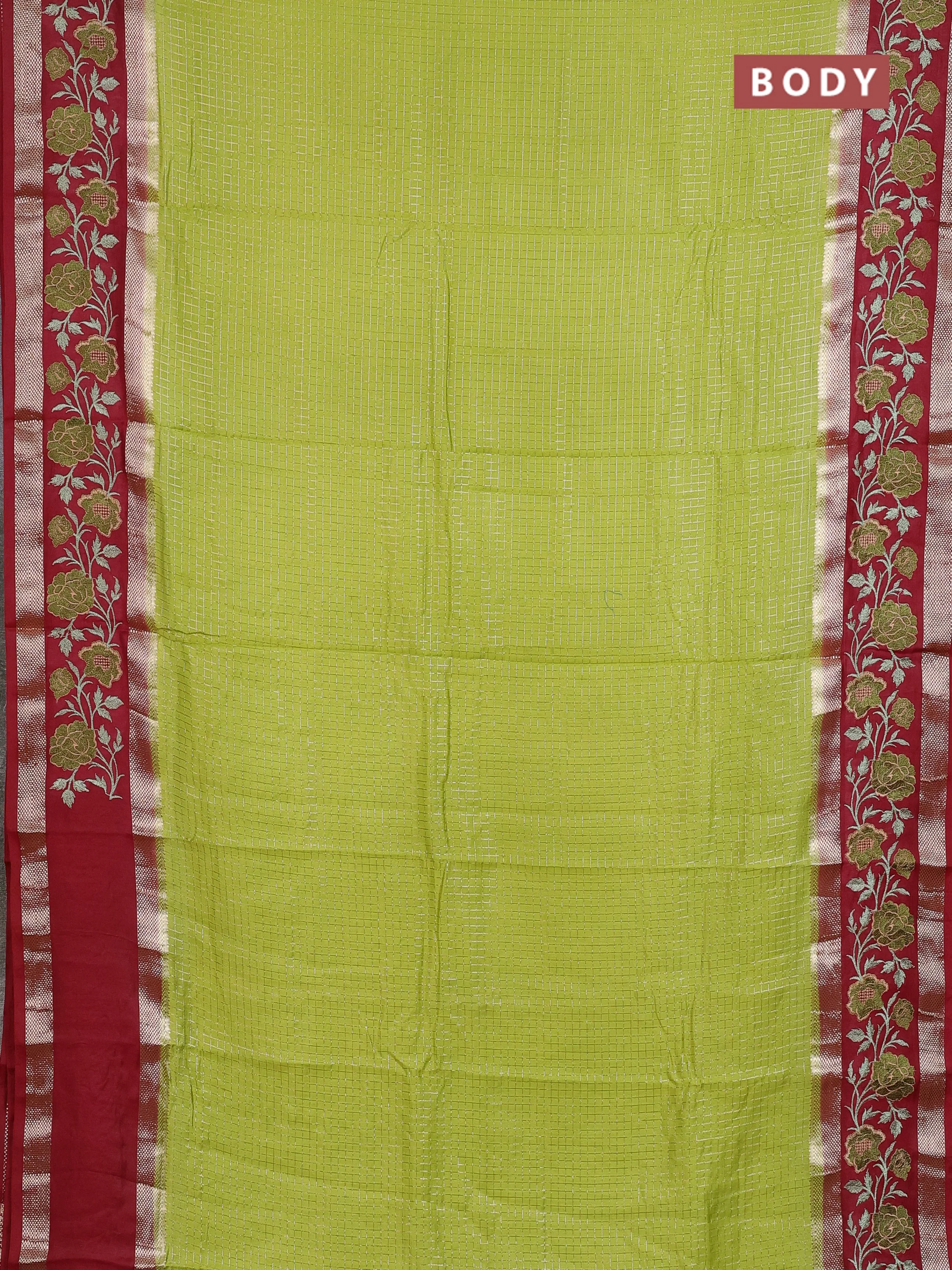 Semi chanderi saree light green and maroon with allover zari woven checked pattern and embroidery zari border - Image 2