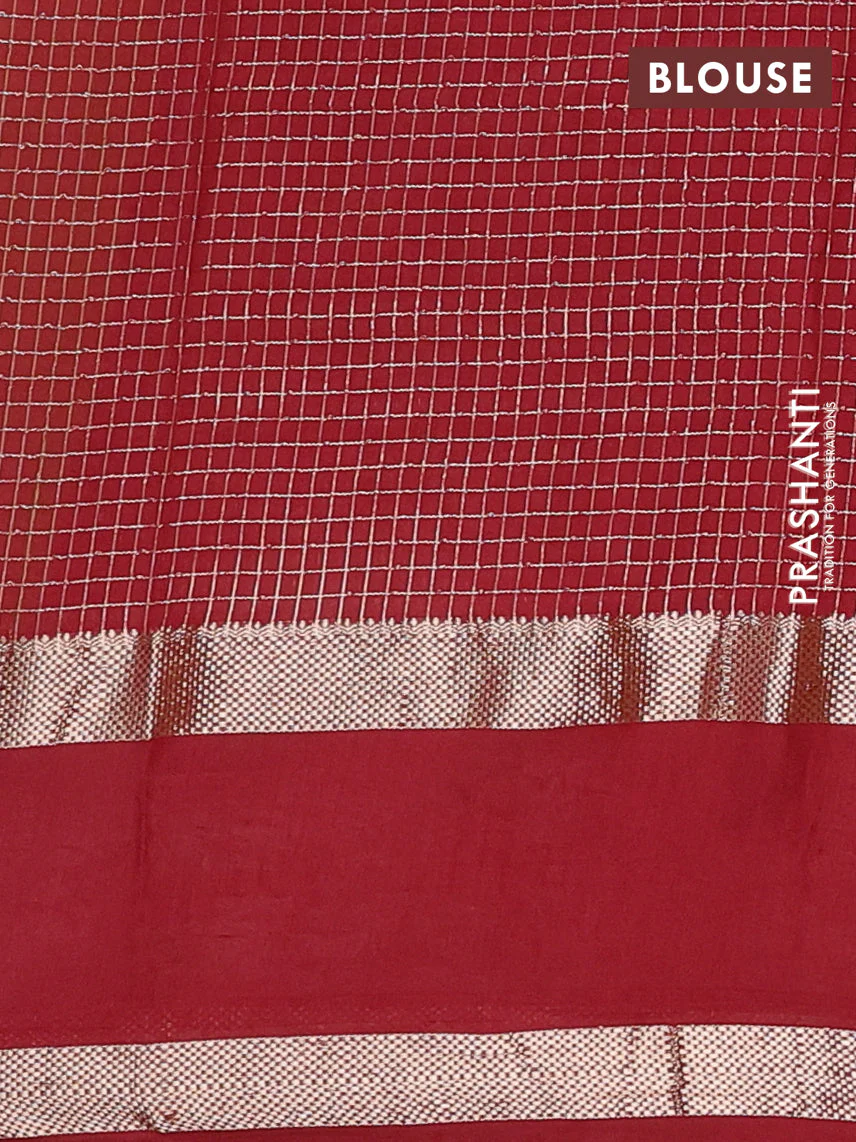 Semi chanderi saree light green and maroon with allover zari woven checked pattern and embroidery zari border - Image 4
