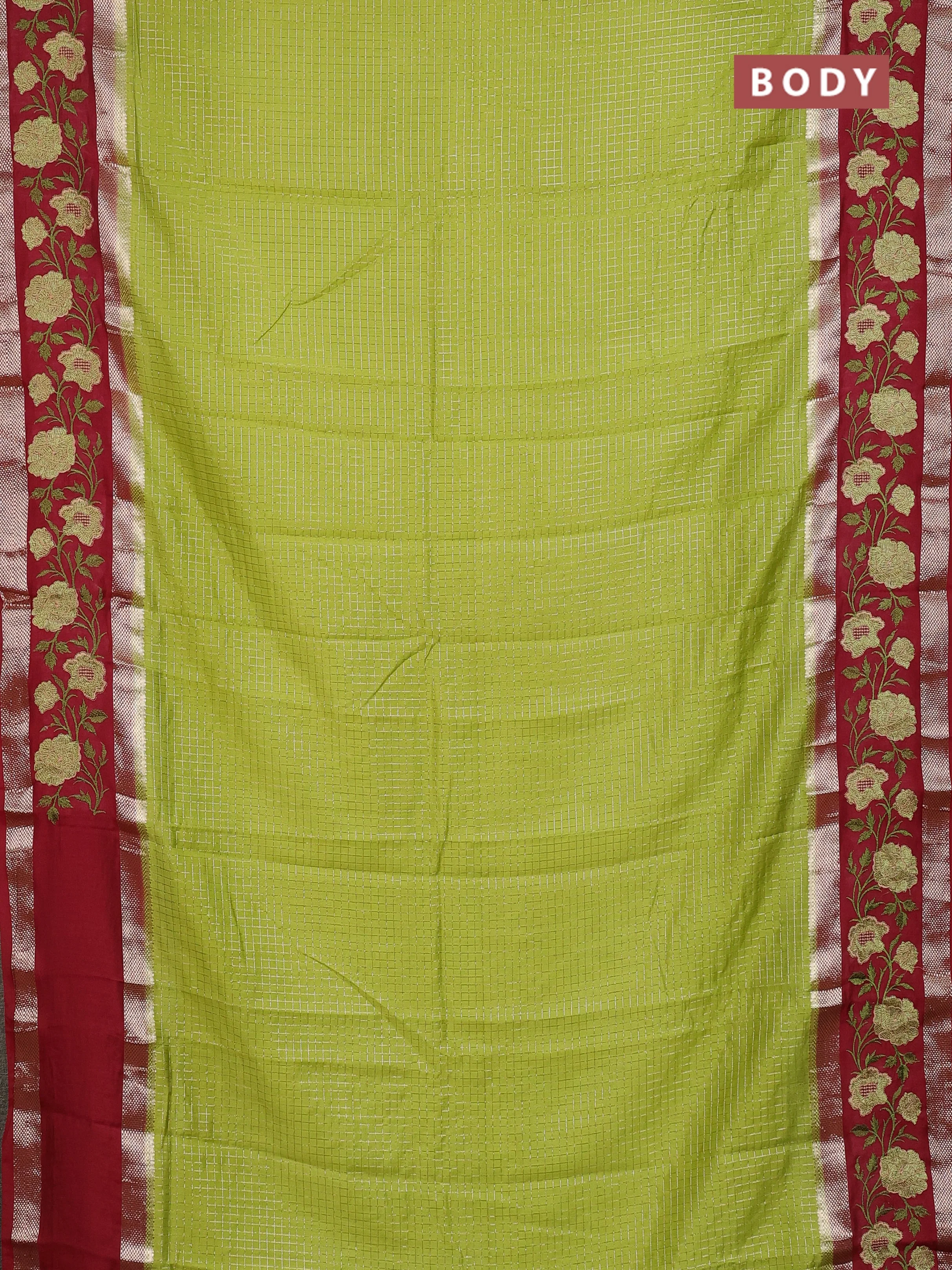Semi chanderi saree light green and maroon with allover zari woven checked pattern and embroidery zari border - Image 6