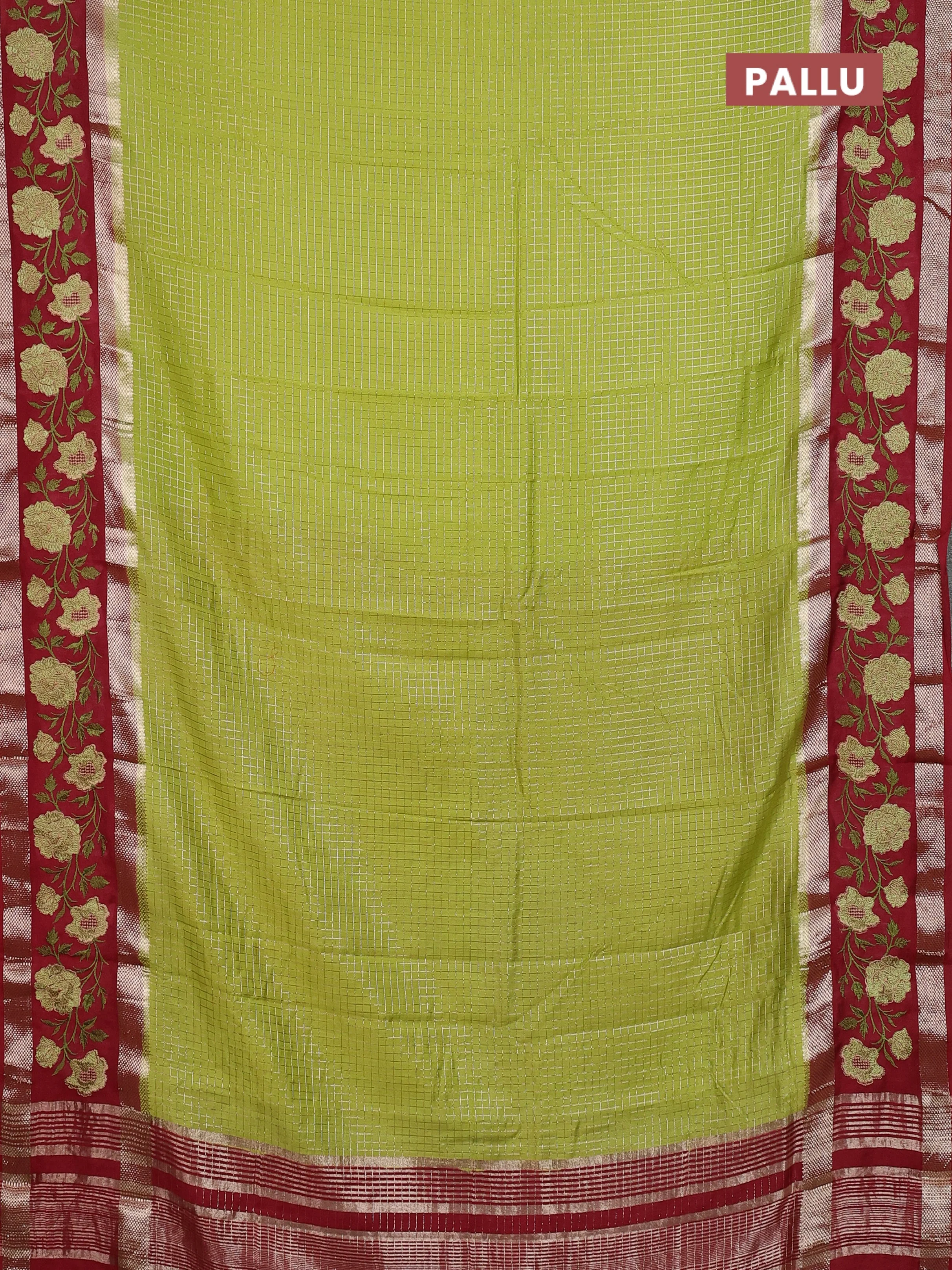 Semi chanderi saree light green and maroon with allover zari woven checked pattern and embroidery zari border - Image 7