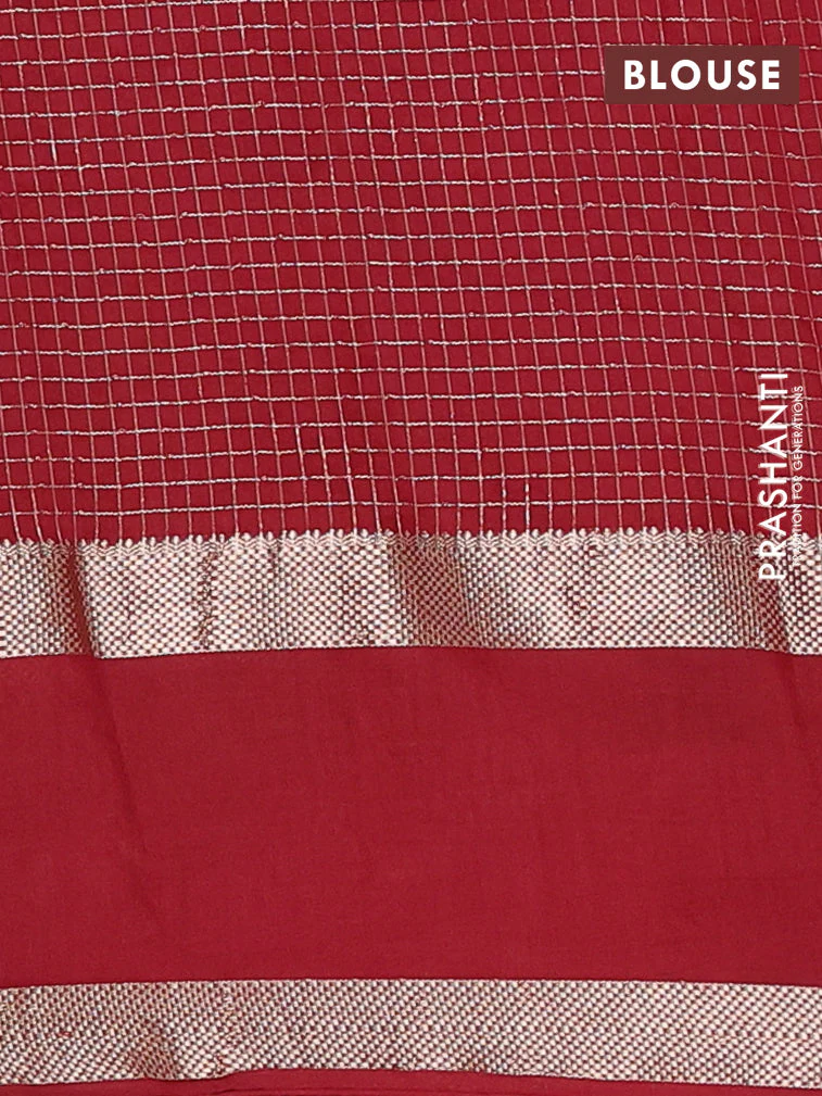 Semi chanderi saree light green and maroon with allover zari woven checked pattern and embroidery zari border - Image 8