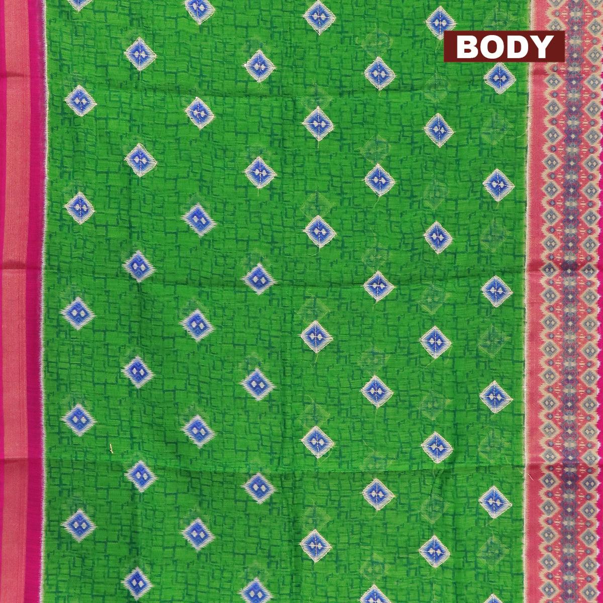 Semi chanderi saree light green and pink with butta prints & kantha stitch work and zari woven border - Image 2