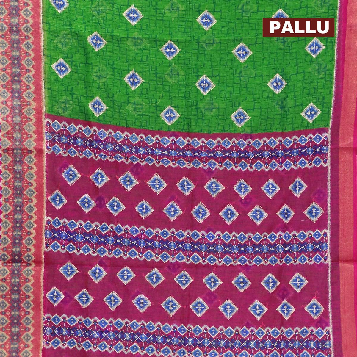 Semi chanderi saree light green and pink with butta prints & kantha stitch work and zari woven border - Image 3