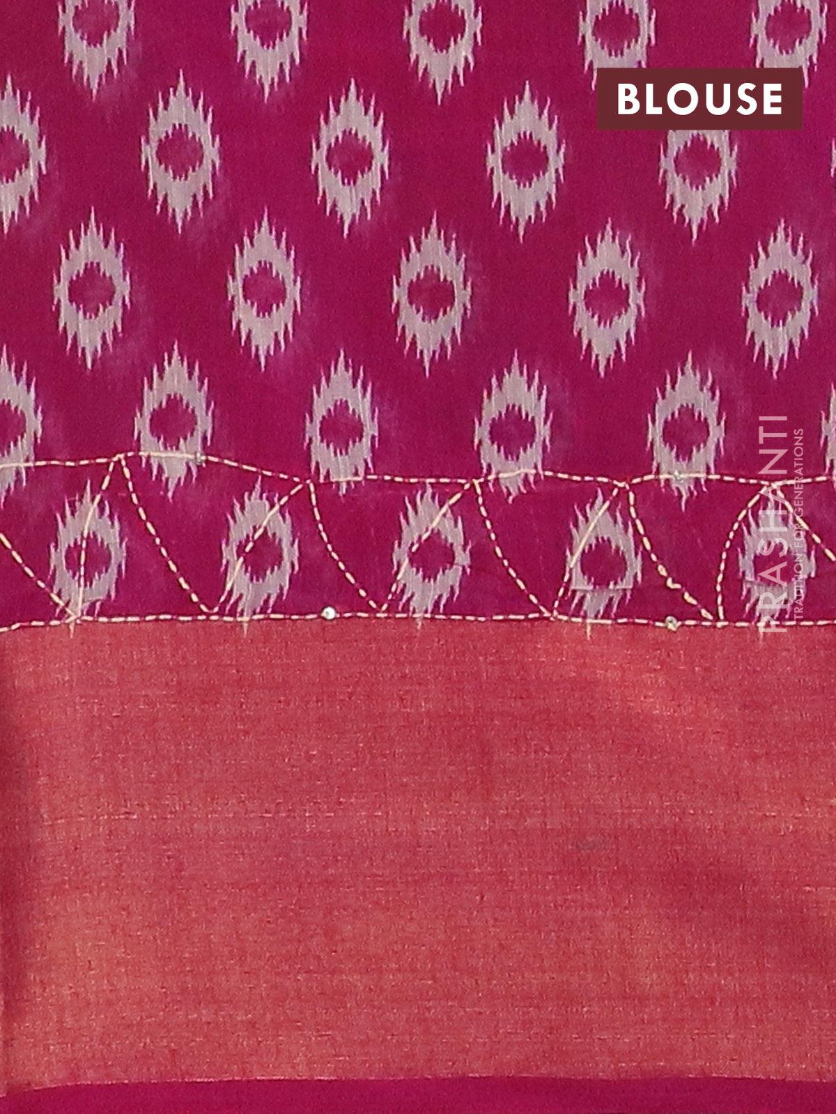 Semi chanderi saree light green and pink with butta prints & kantha stitch work and zari woven border - Image 4