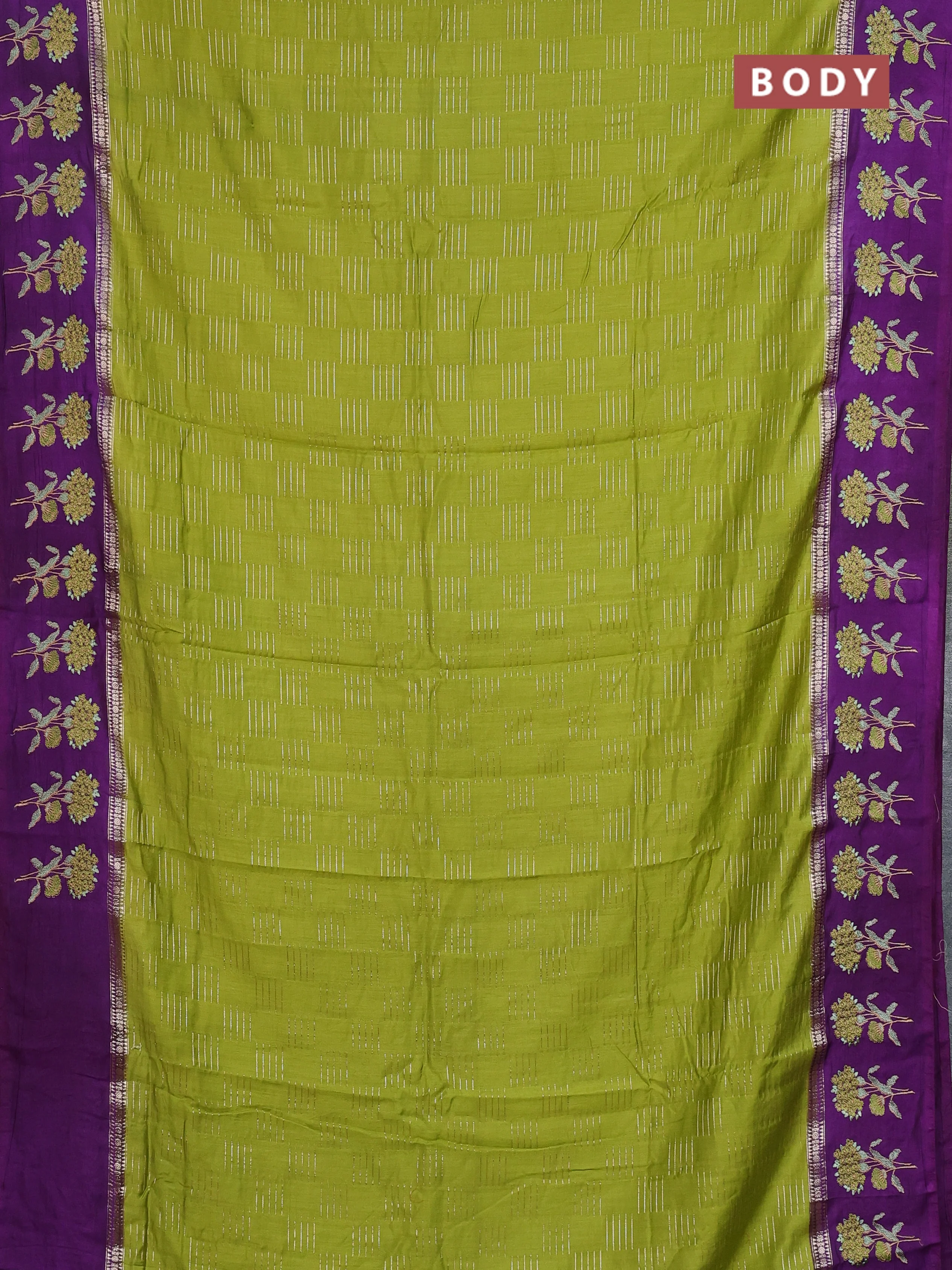 Semi chanderi saree light green and violet with allover zari weaves and embroidery border - Image 2