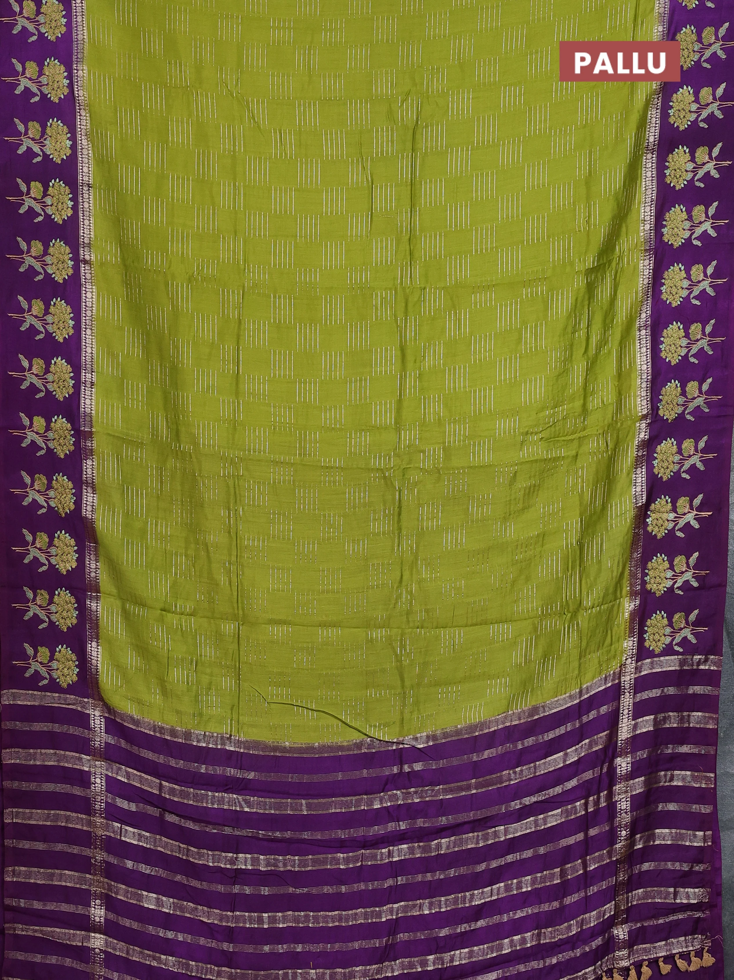 Semi chanderi saree light green and violet with allover zari weaves and embroidery border - Image 3