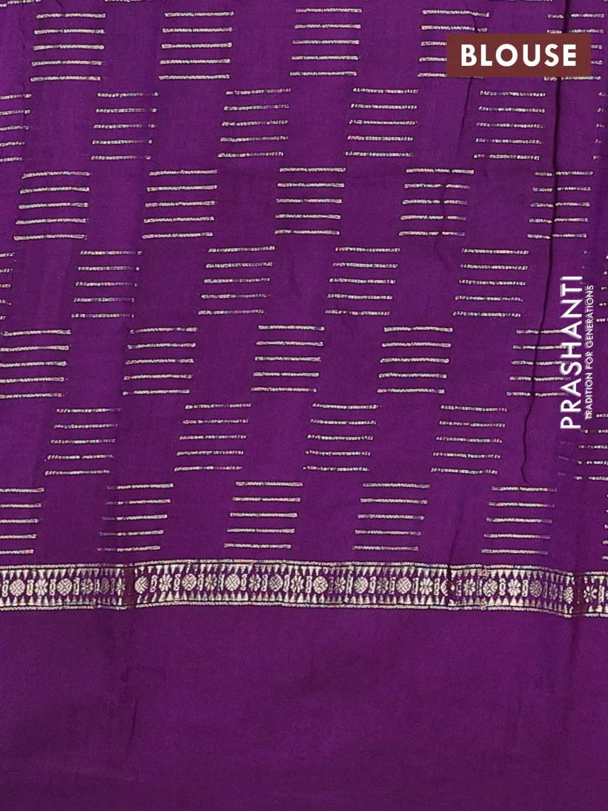 Semi chanderi saree light green and violet with allover zari weaves and embroidery border - Image 4