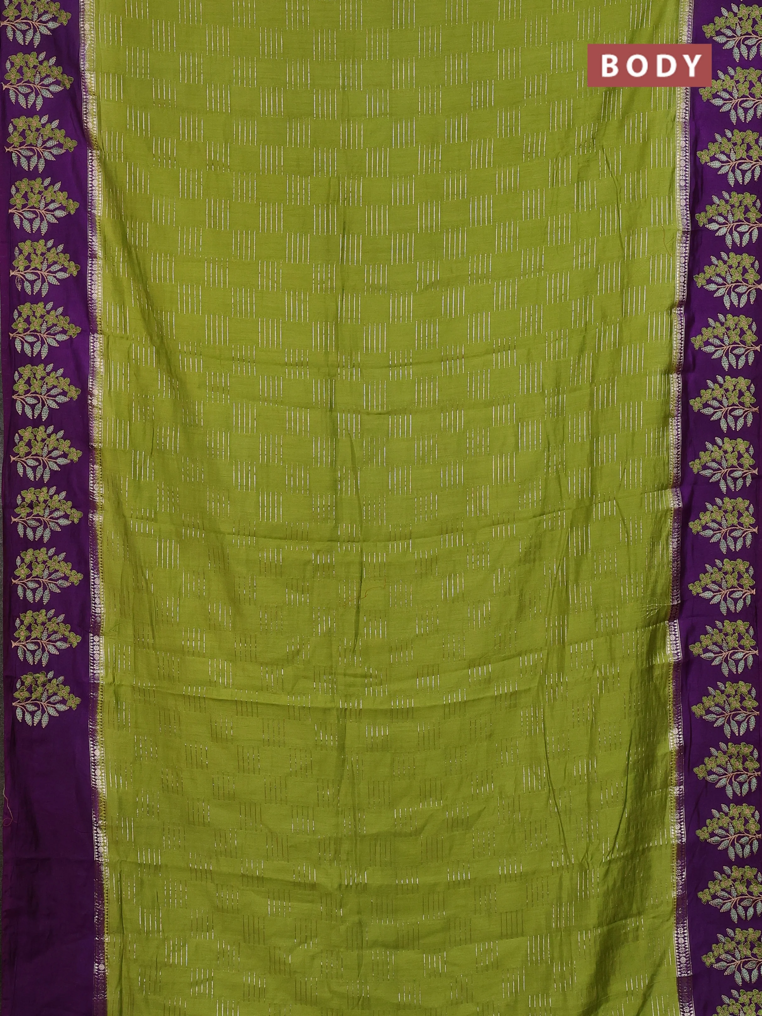 Semi chanderi saree light green and violet with allover zari weaves and embroidery border - Image 2