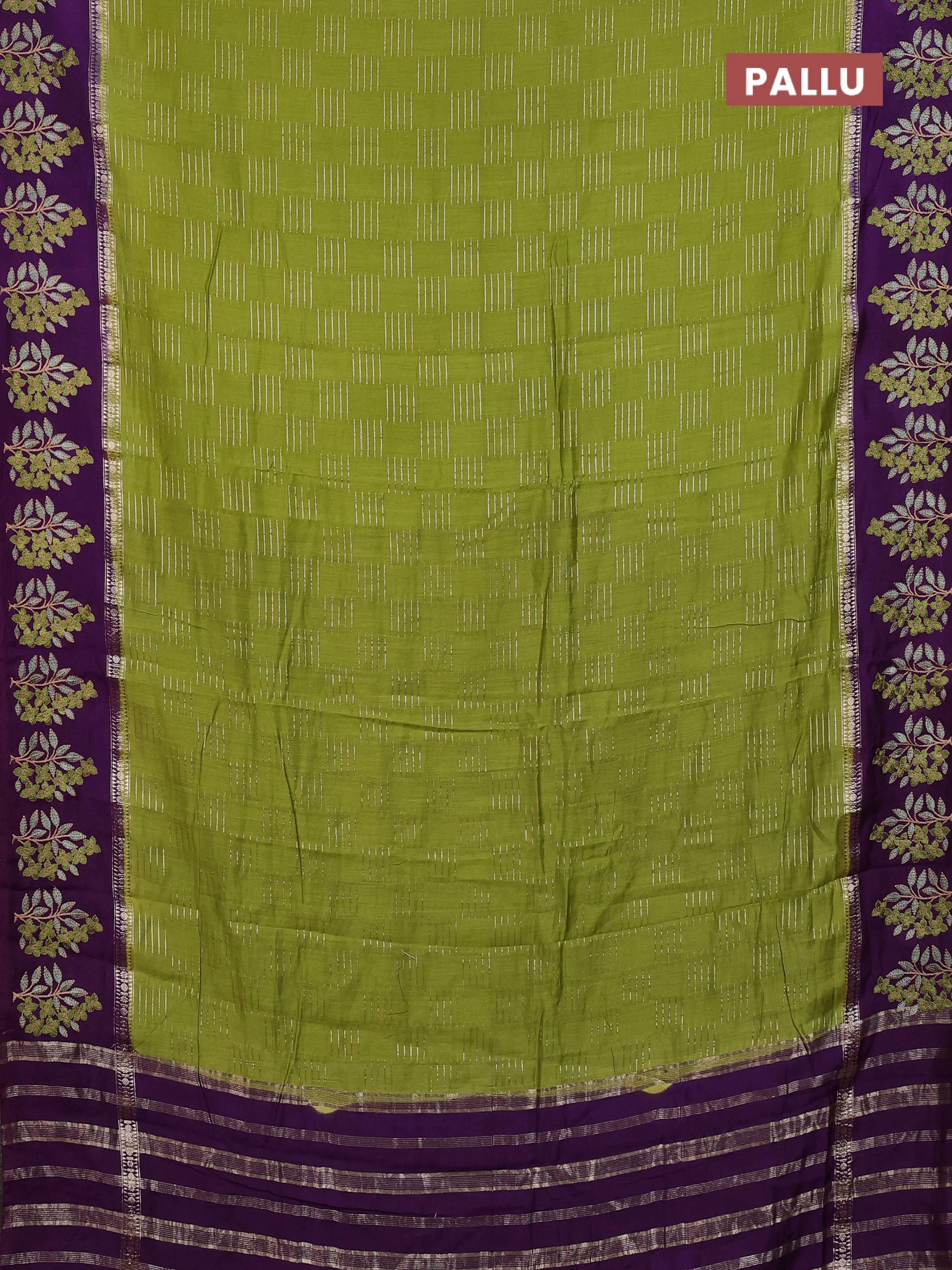 Semi chanderi saree light green and violet with allover zari weaves and embroidery border - Image 3
