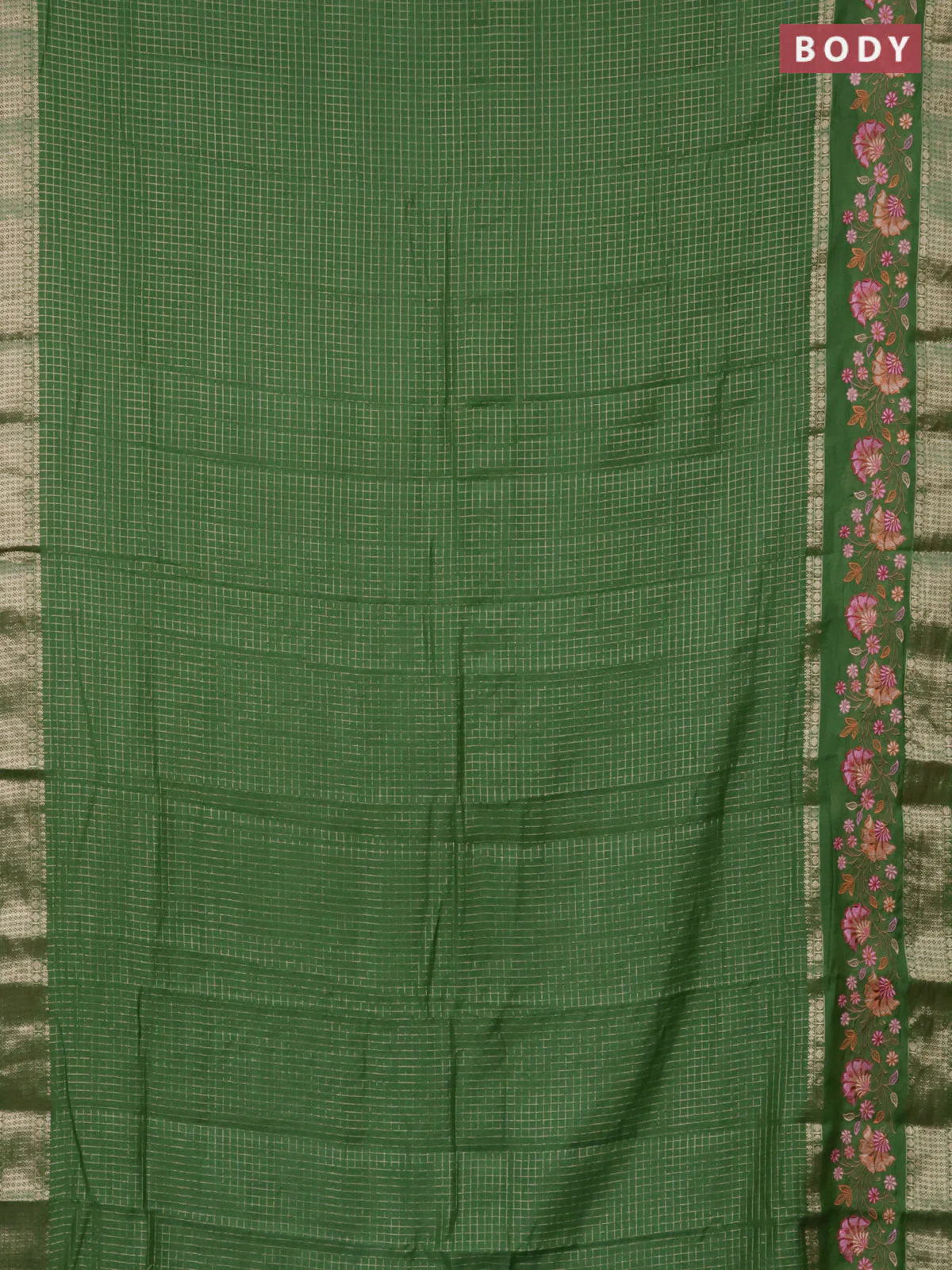 Semi chanderi saree light green with allover zari checked pattern and floral embroidery border - Image 2