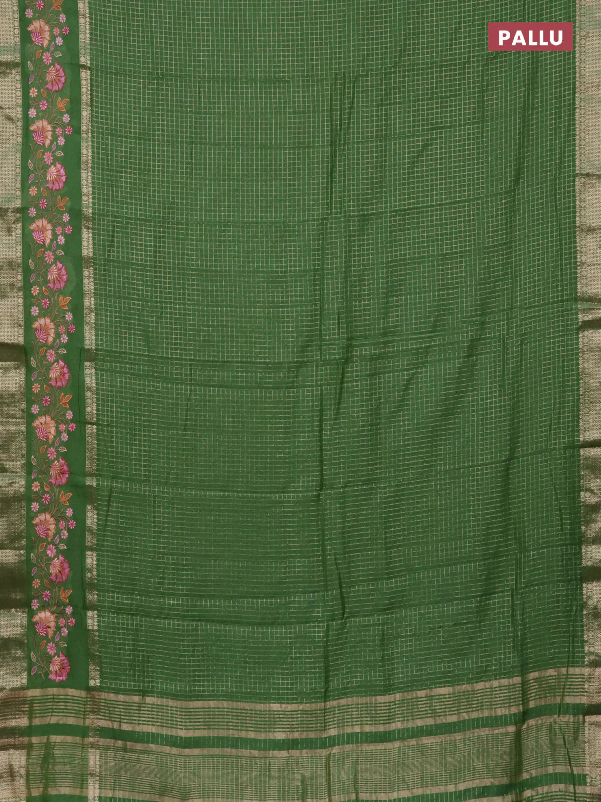 Semi chanderi saree light green with allover zari checked pattern and floral embroidery border - Image 3