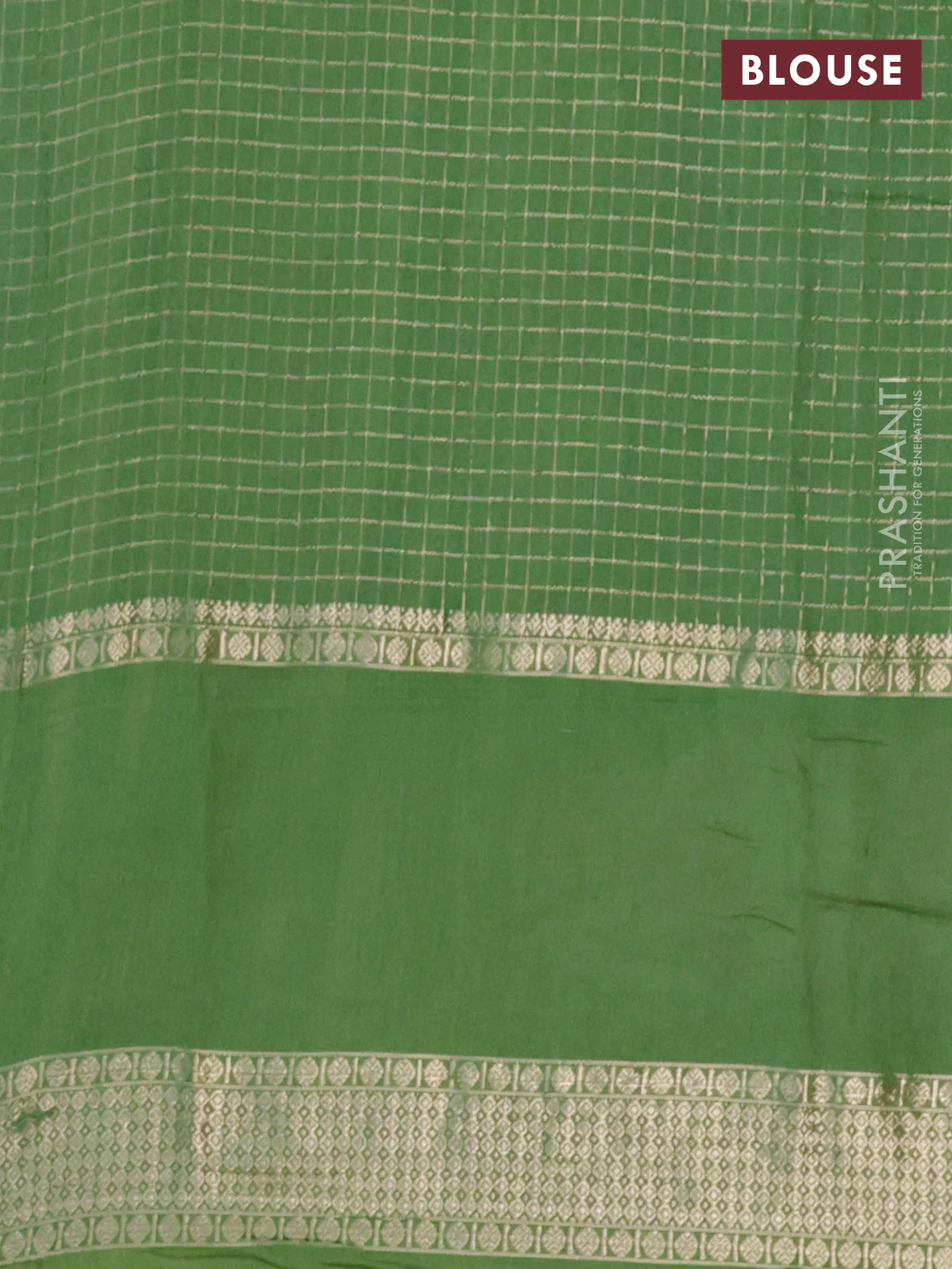 Semi chanderi saree light green with allover zari checked pattern and floral embroidery border - Image 4