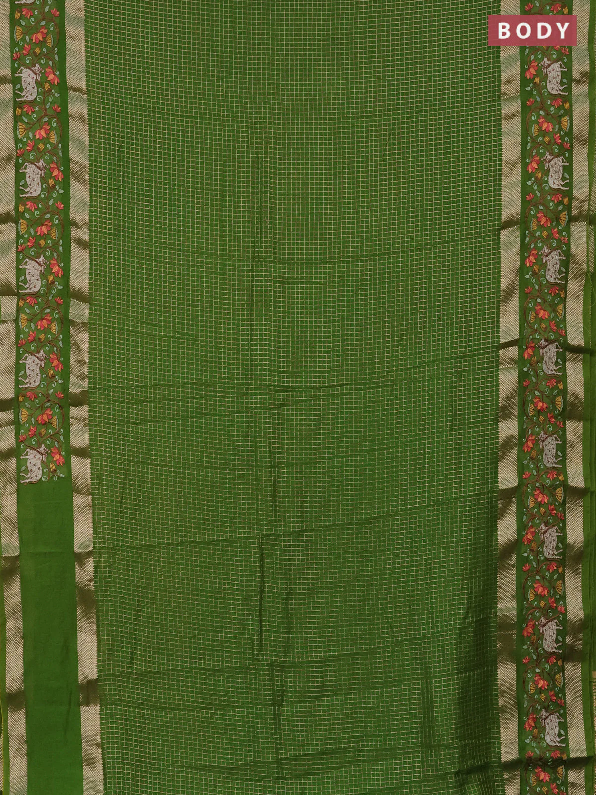 Semi chanderi saree light green with allover zari checked pattern and pichwai embroidery border - Image 2