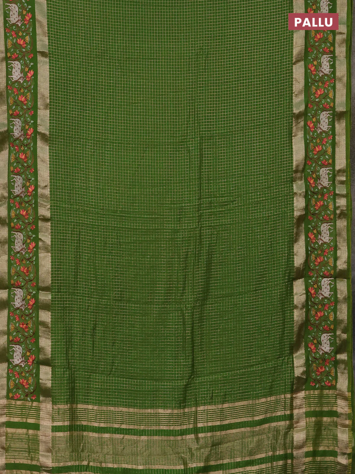 Semi chanderi saree light green with allover zari checked pattern and pichwai embroidery border - Image 3