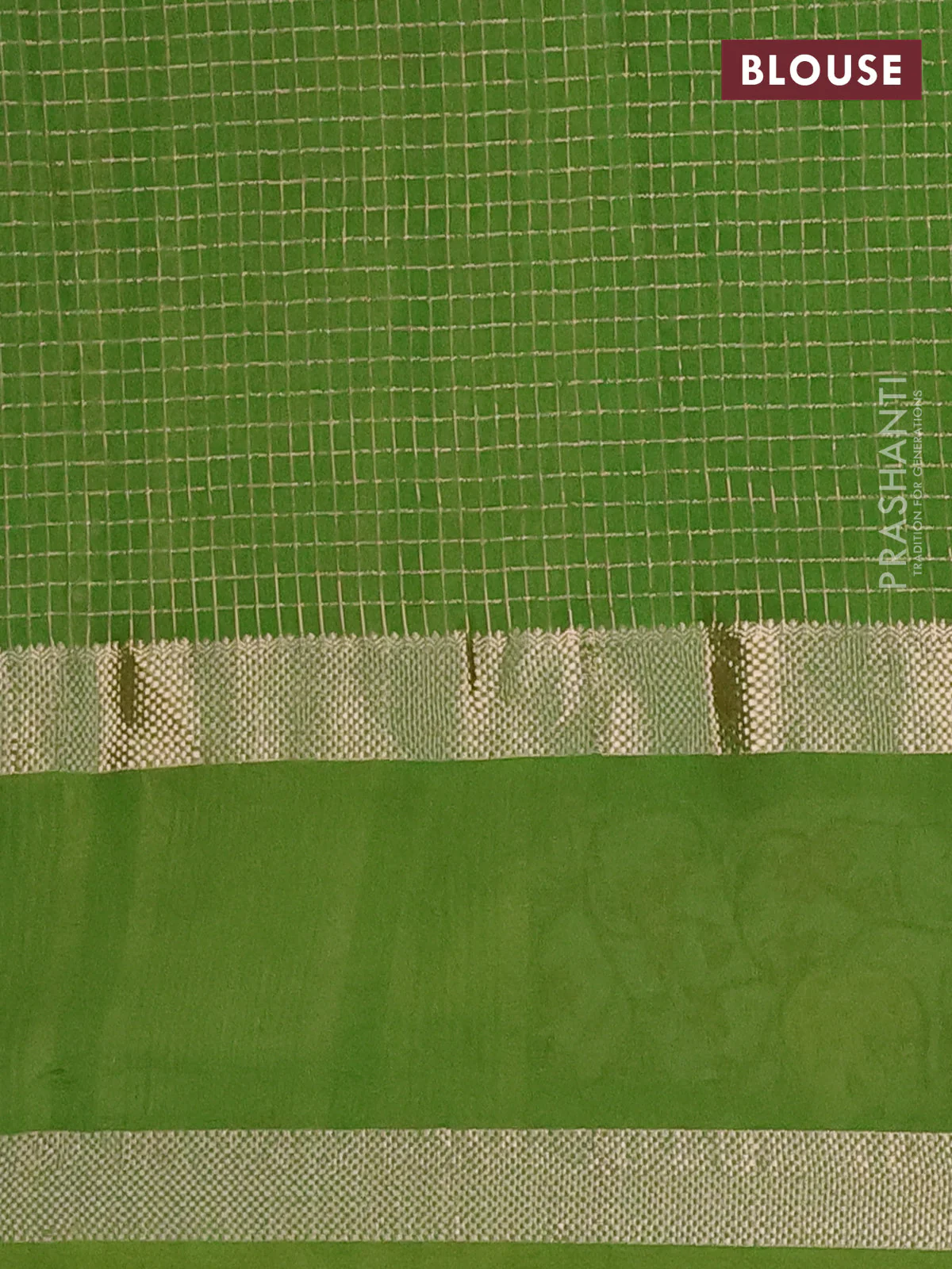 Semi chanderi saree light green with allover zari checked pattern and pichwai embroidery border - Image 4