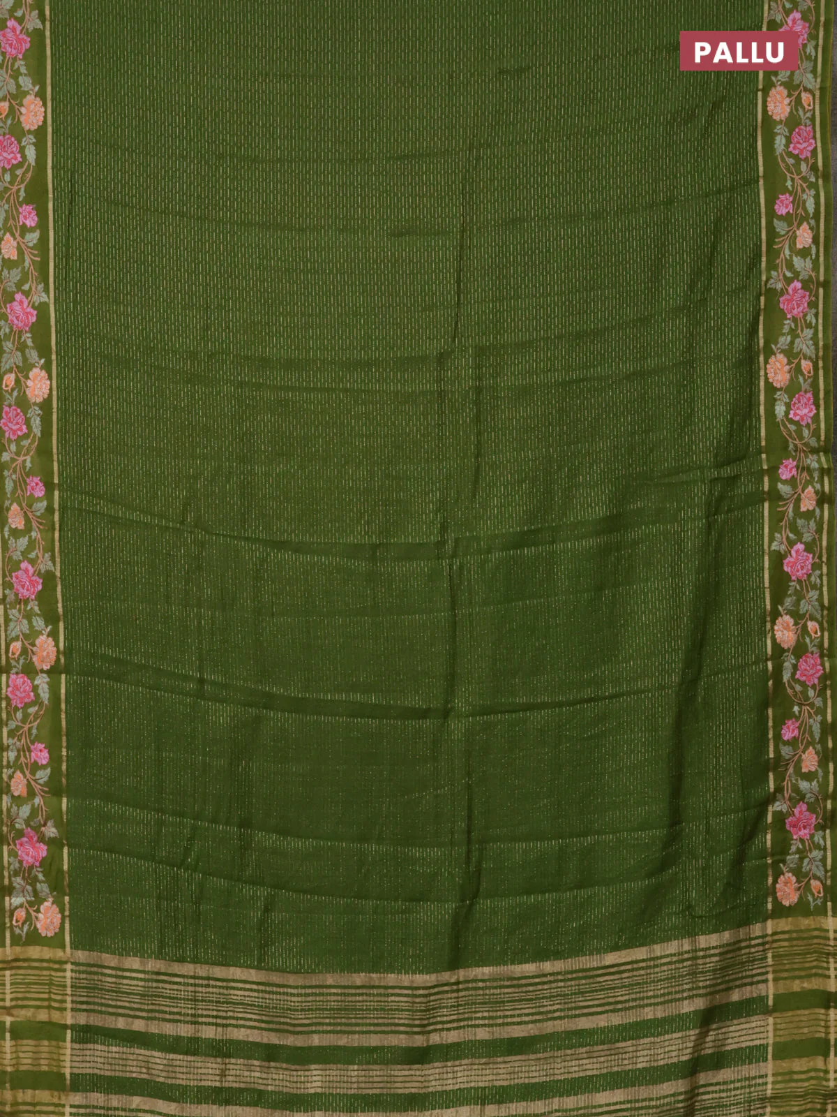 Semi chanderi saree light green with allover zari weaves and floral embroidery border - Image 3