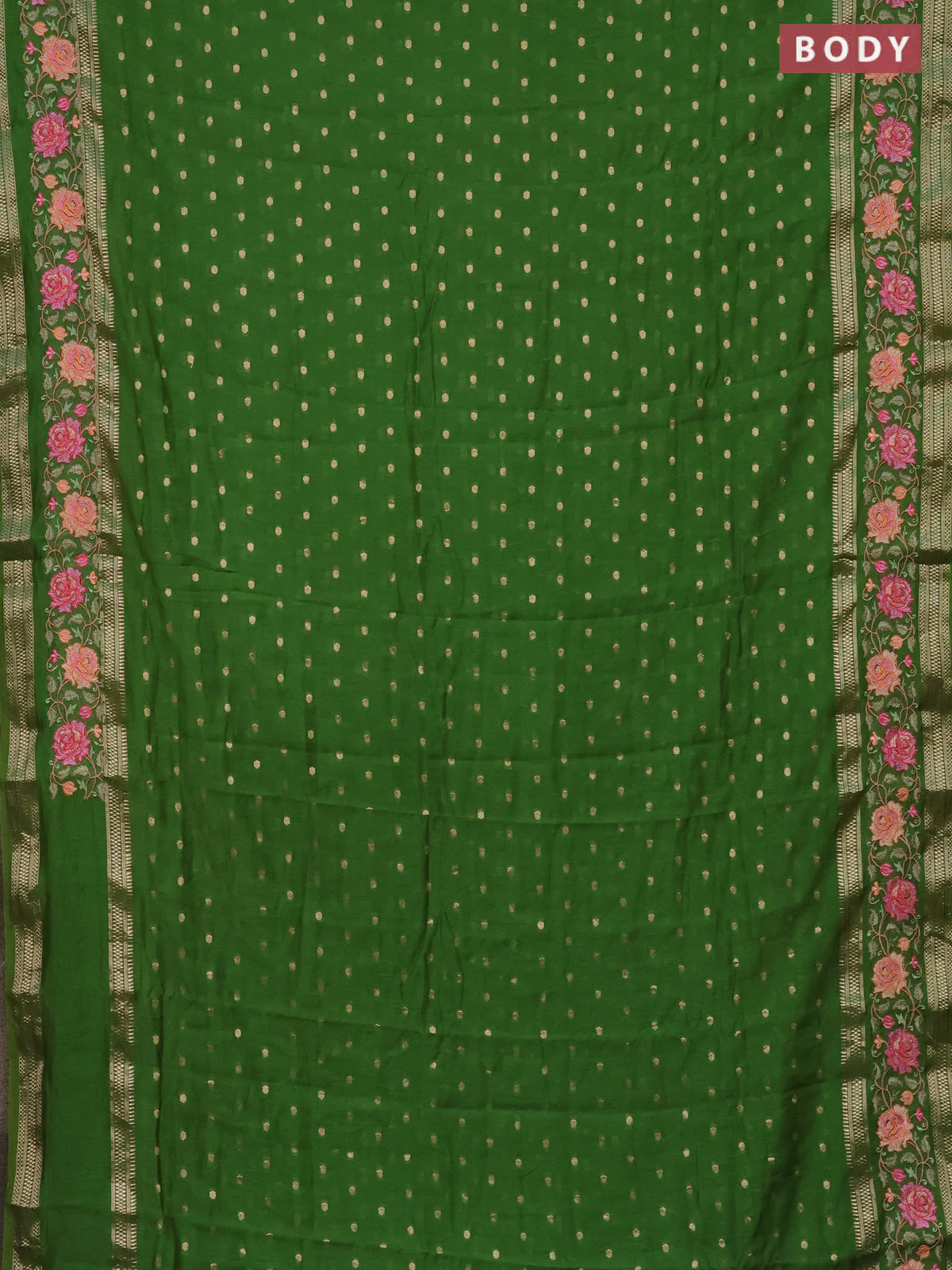 Semi chanderi saree light green with allover zari woven buttas and floral embroidery border - Image 2