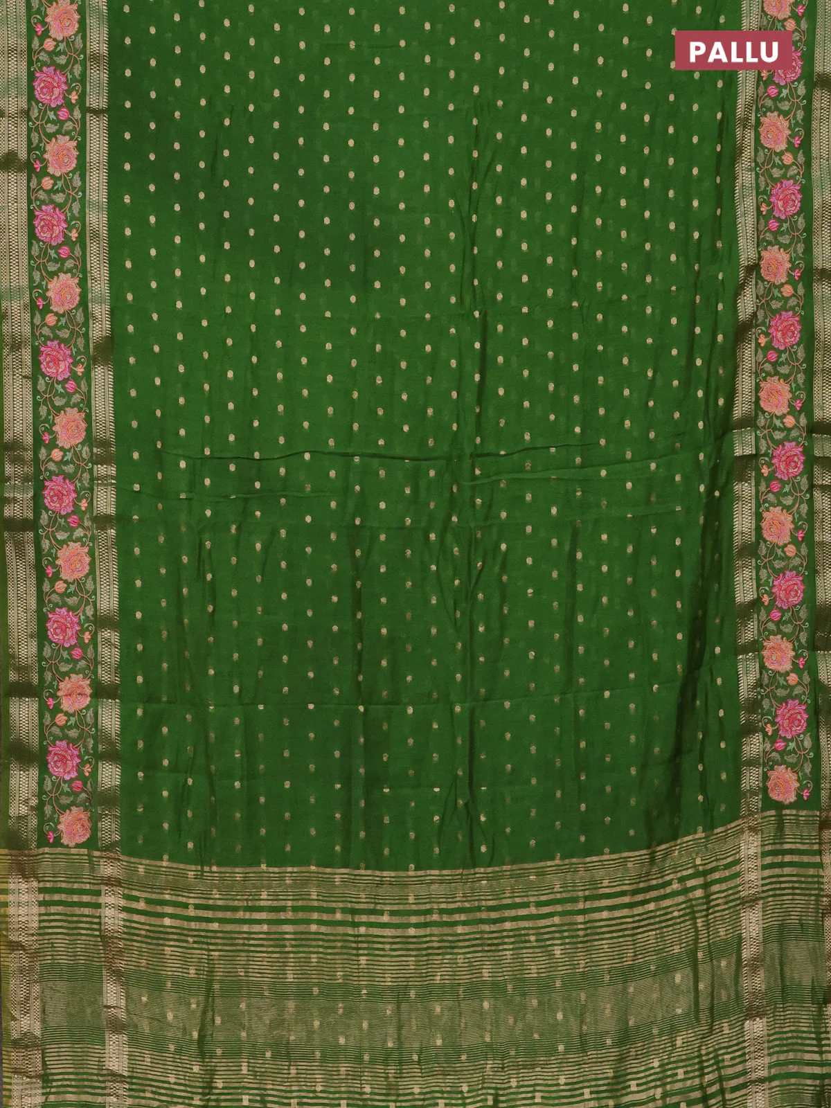 Semi chanderi saree light green with allover zari woven buttas and floral embroidery border - Image 3