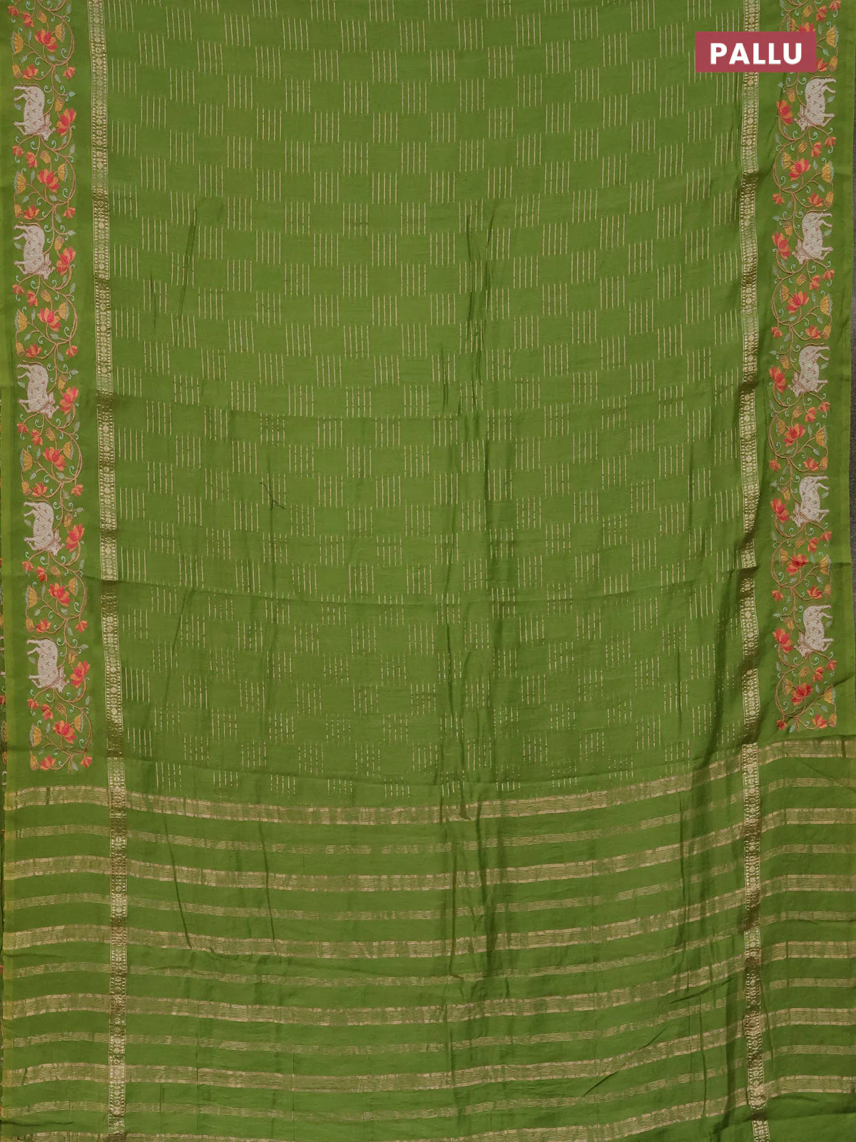 Semi chanderi saree light green with allover zari woven geometric weaves and pichwai embroidery border - Image 3