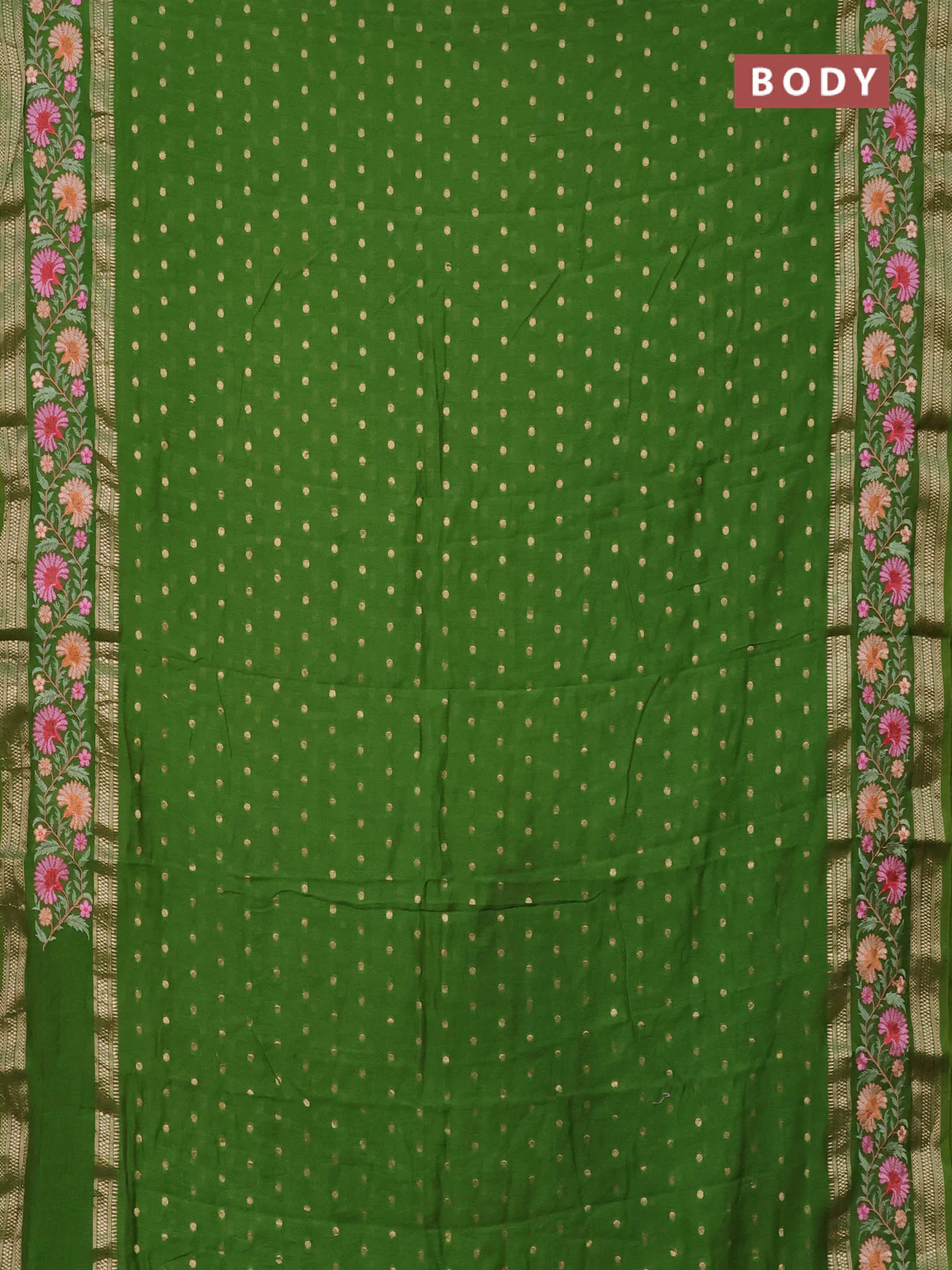 Semi chanderi saree light green with zari woven buttas and floral embroidery border - Image 2