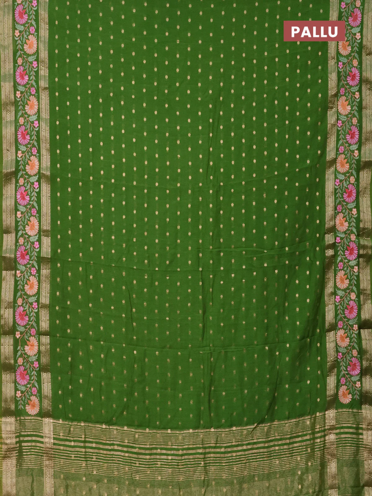 Semi chanderi saree light green with zari woven buttas and floral embroidery border - Image 3