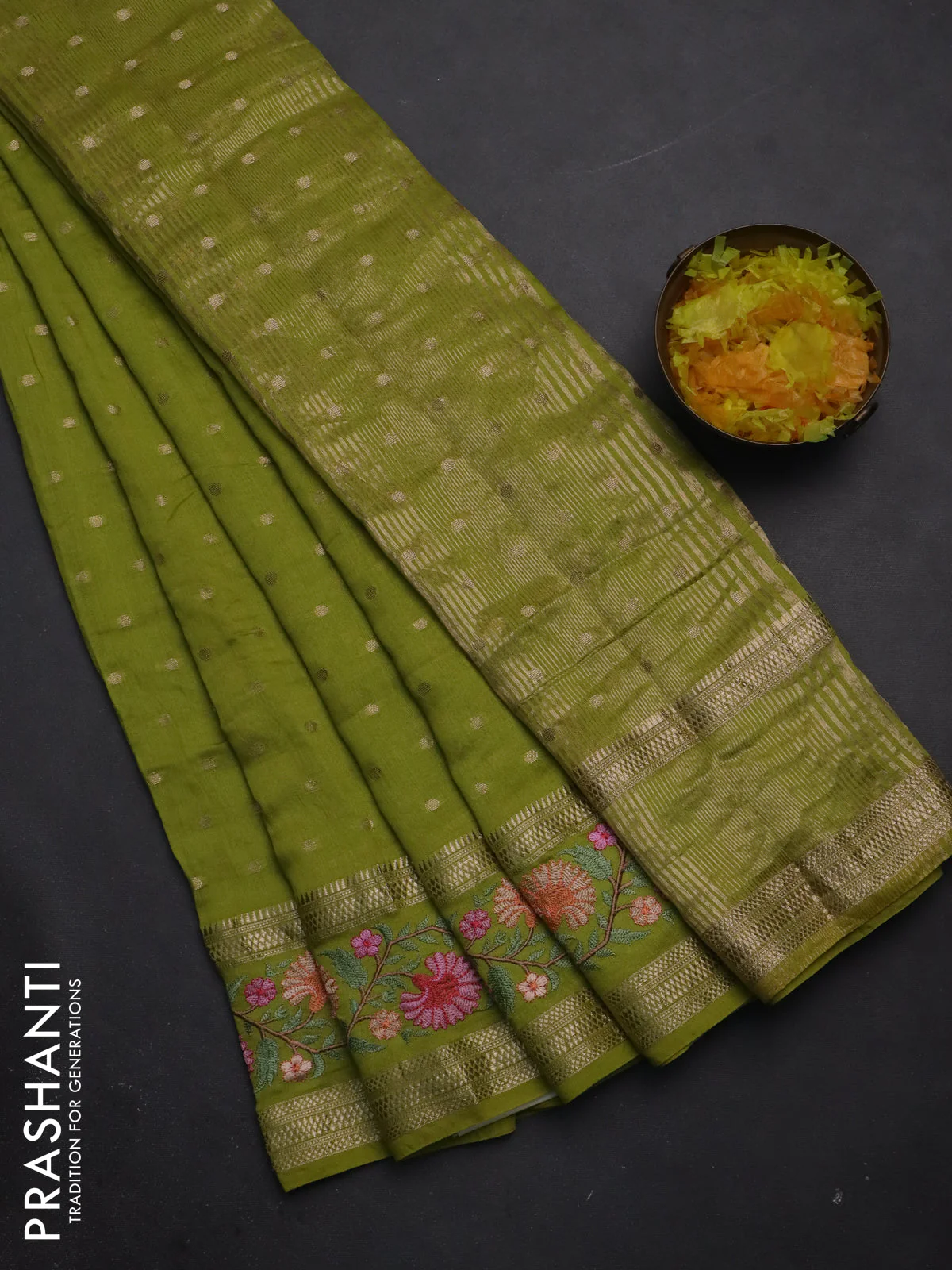 Semi chanderi saree light green with zari woven buttas and floral embroidery border