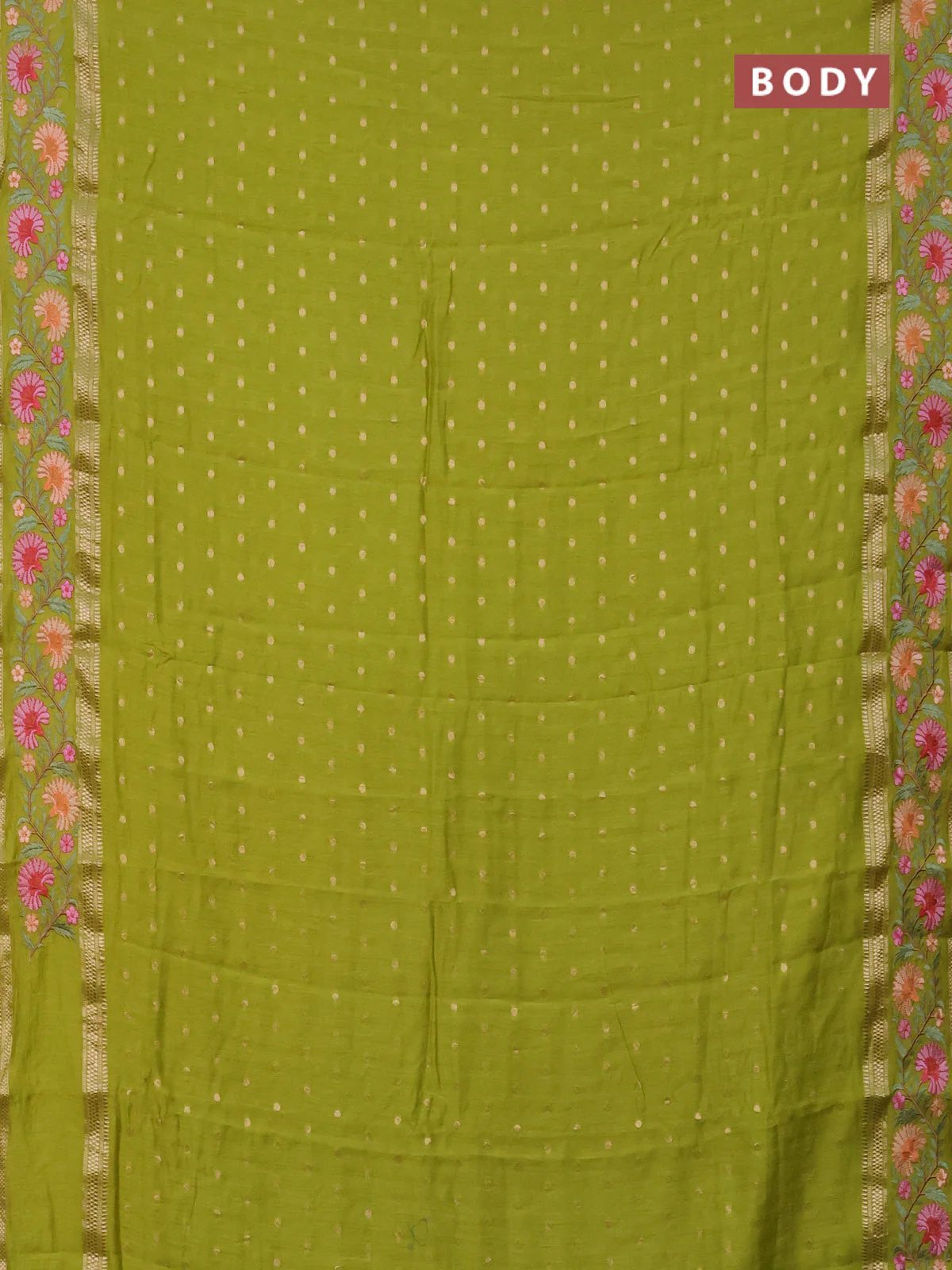 Semi chanderi saree light green with zari woven buttas and floral embroidery border - Image 2
