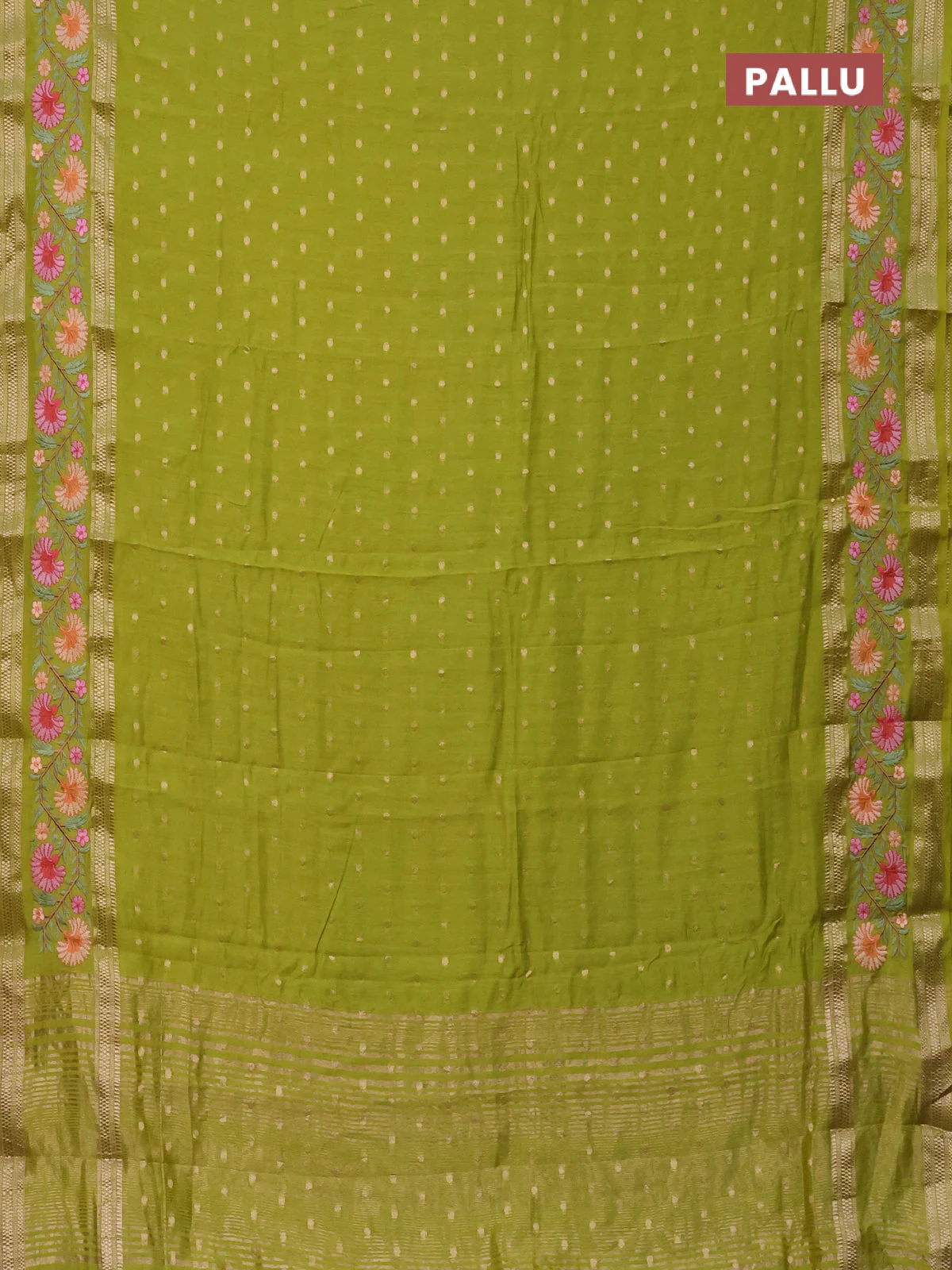 Semi chanderi saree light green with zari woven buttas and floral embroidery border - Image 3