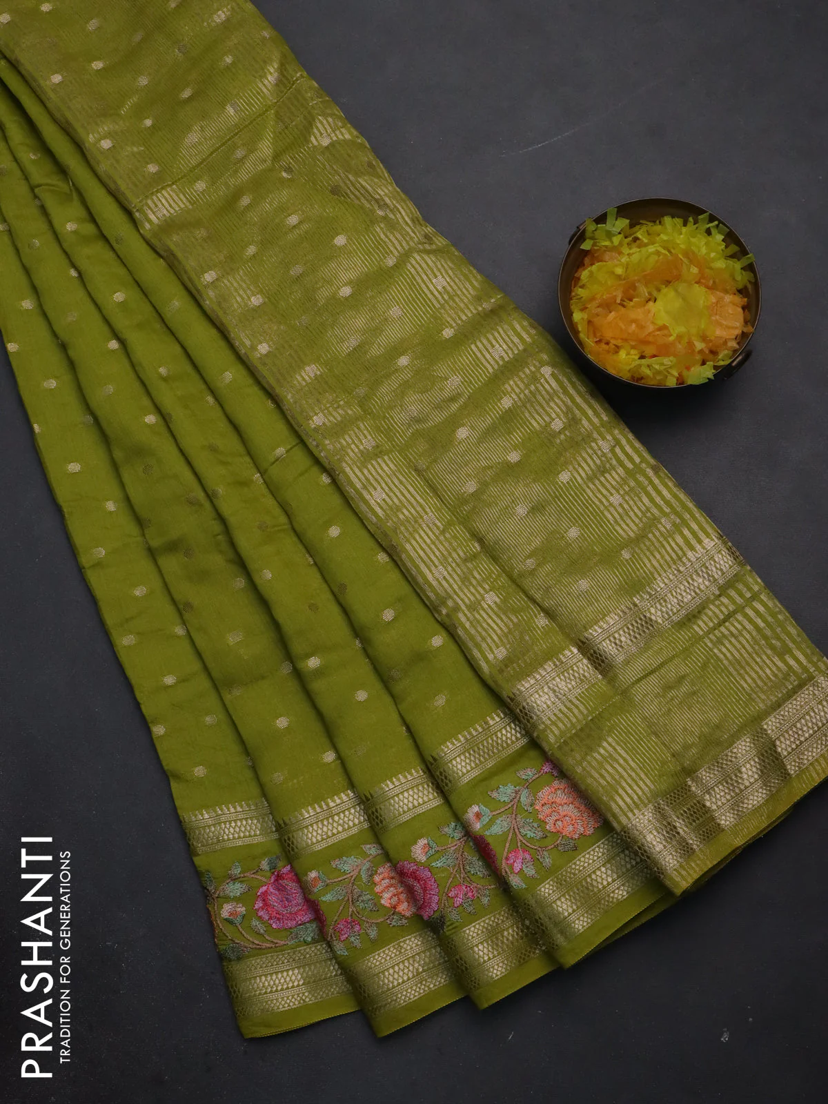 Semi chanderi saree light green with zari woven buttas and floral embroidery border
