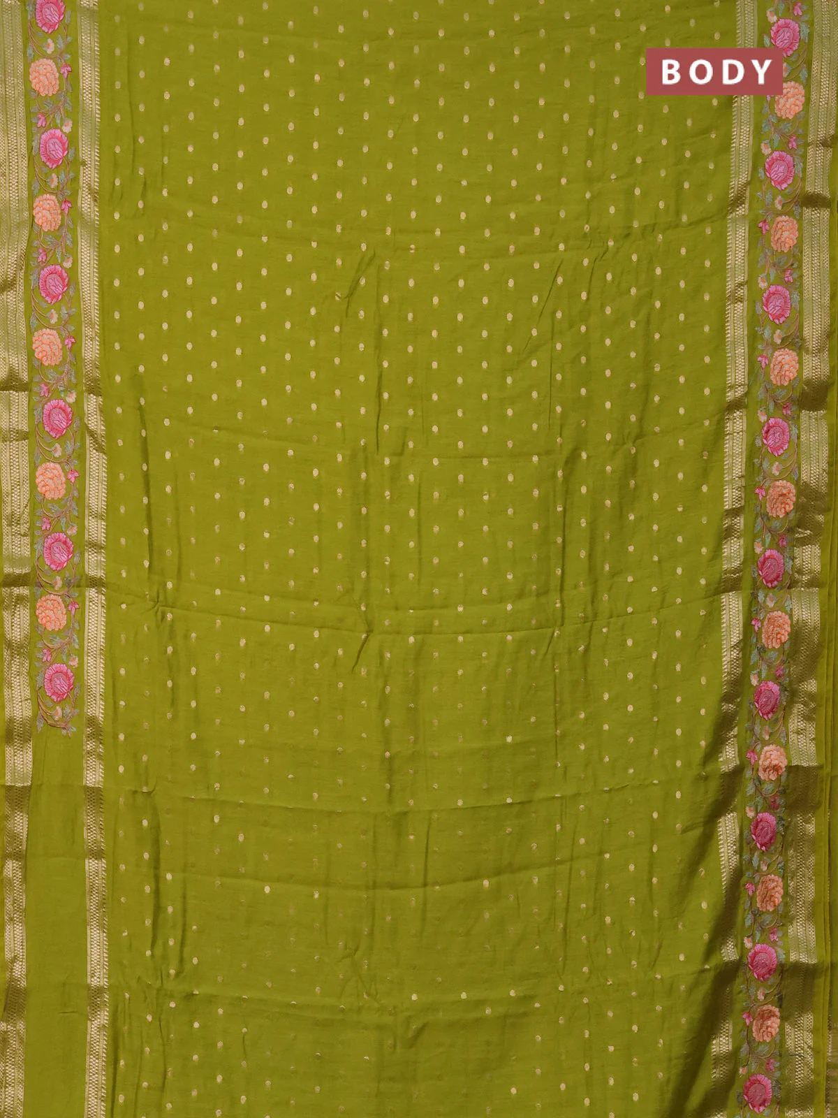 Semi chanderi saree light green with zari woven buttas and floral embroidery border - Image 2