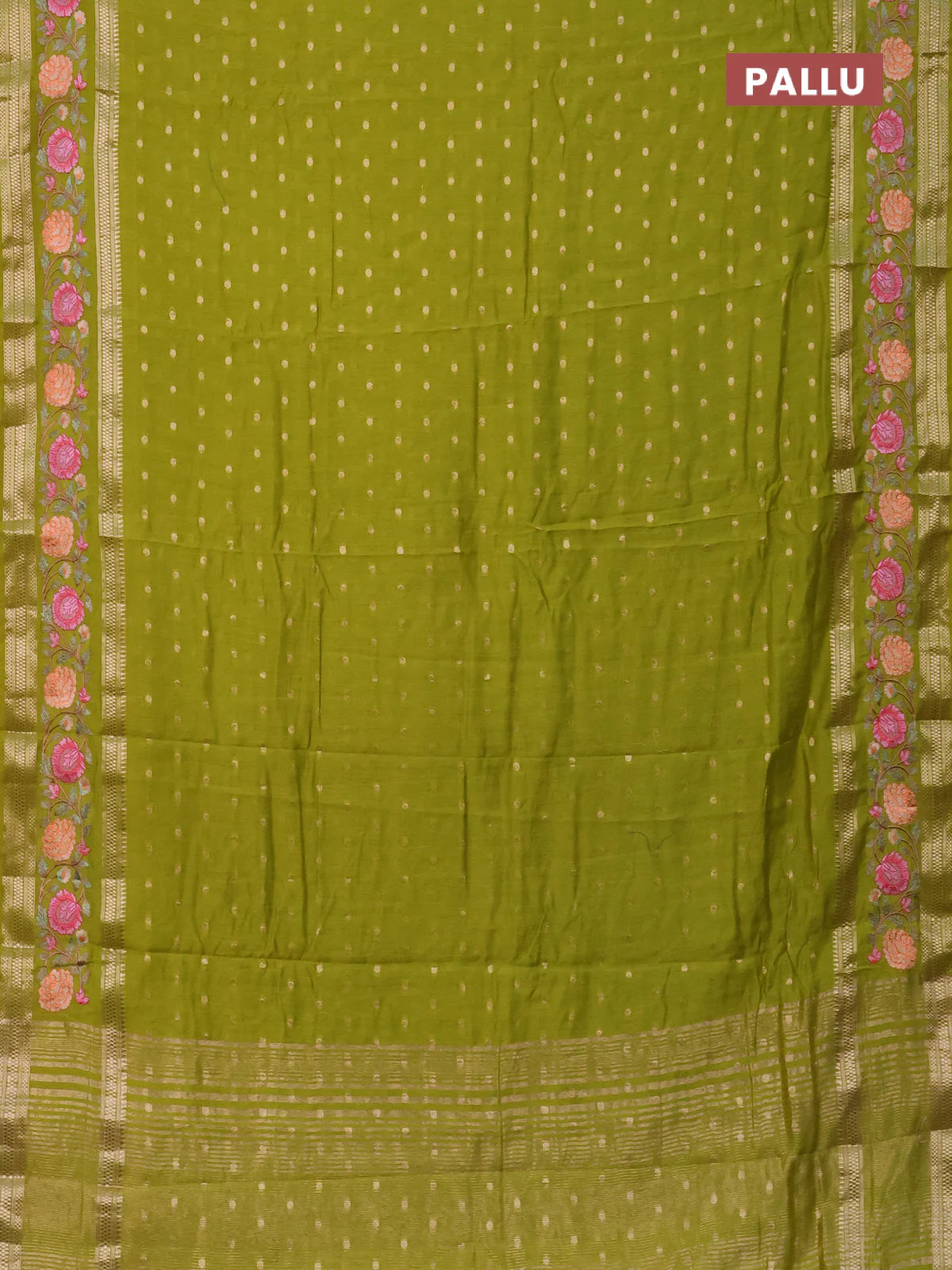 Semi chanderi saree light green with zari woven buttas and floral embroidery border - Image 3