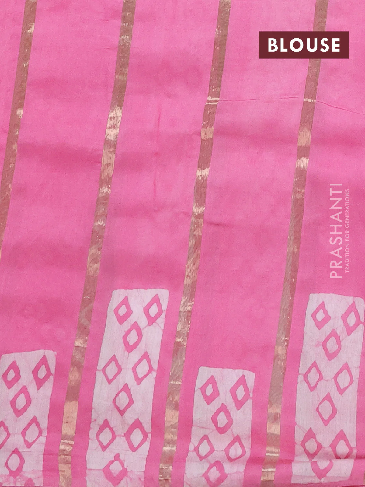 Semi chanderi saree light pink with allover zari strips & batik butta prints in borderless style - Image 4