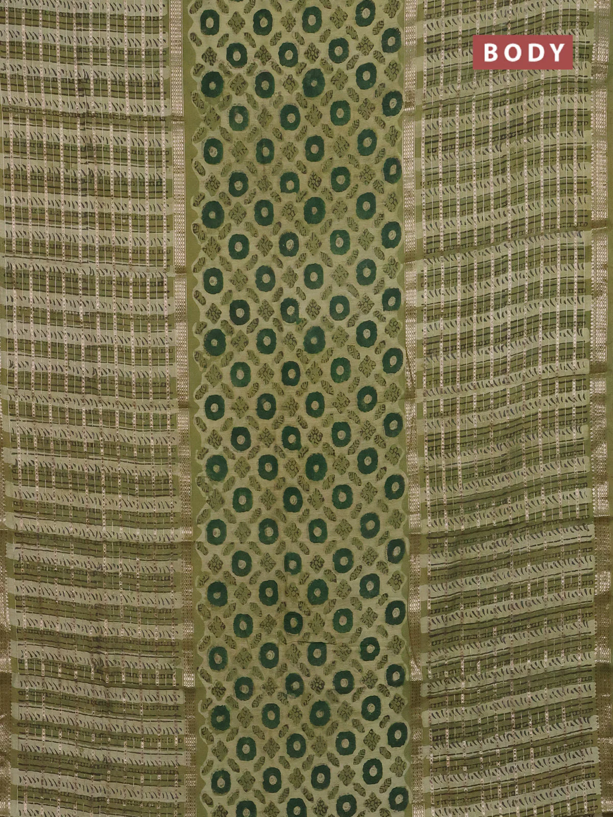 Semi chanderi saree lime green and green with allover ajrakh prints and long printed zari border - Image 2