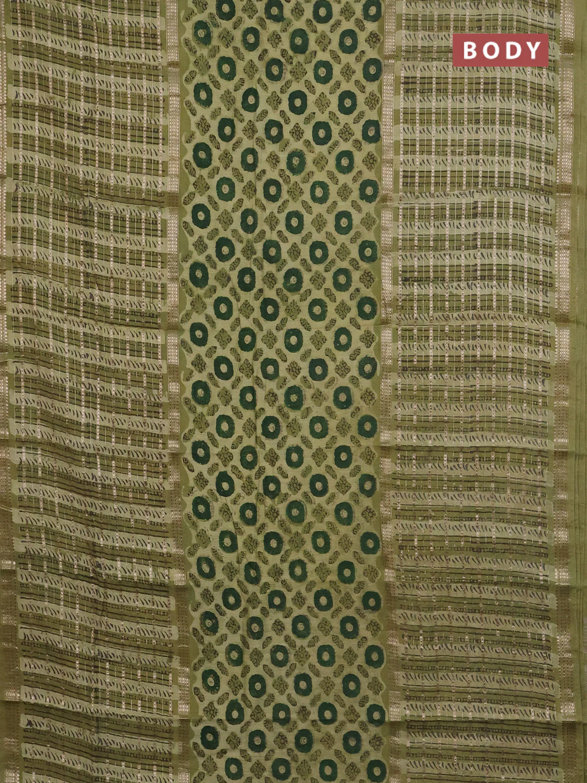 Semi chanderi saree lime green and pastel green with allover ajrakh prints and long printed zari border - Image 2