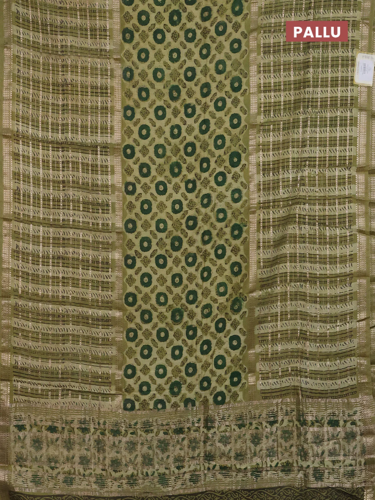Semi chanderi saree lime green and pastel green with allover ajrakh prints and long printed zari border - Image 3