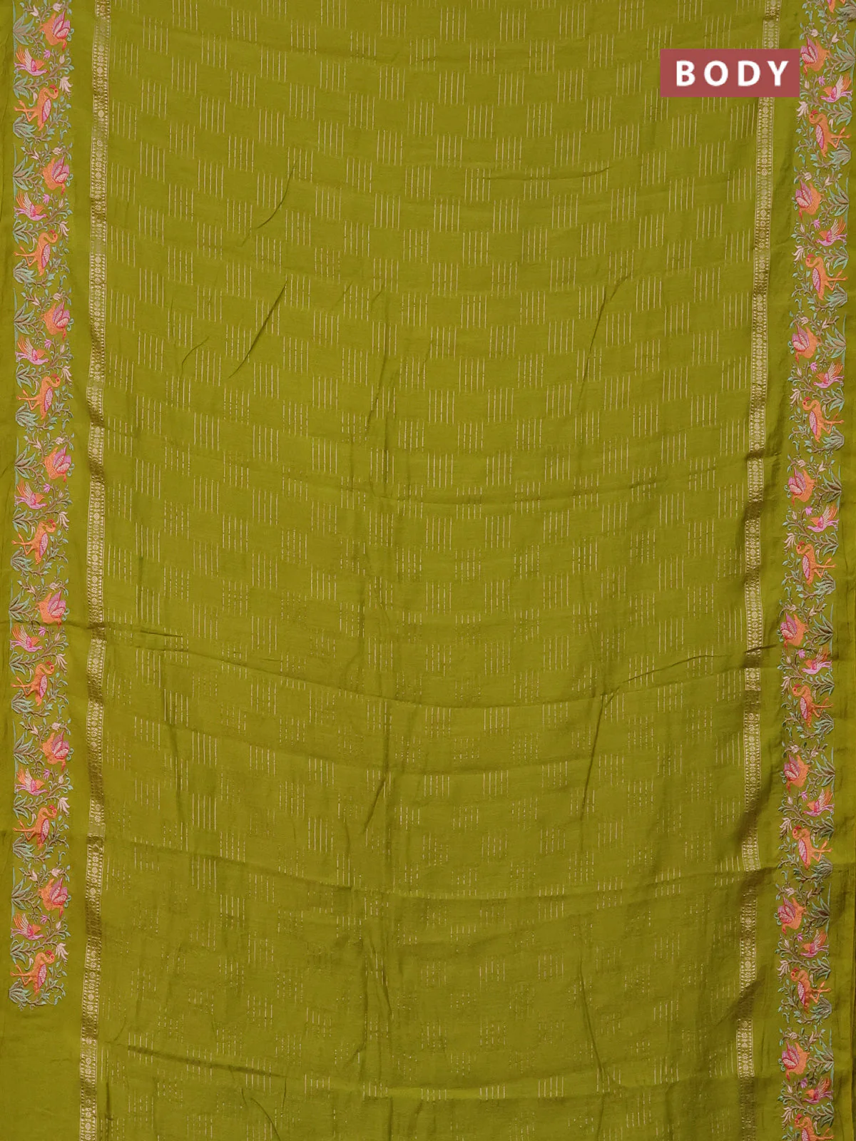 Semi chanderi saree lime green with allover zari weaves and embroidery border - Image 2