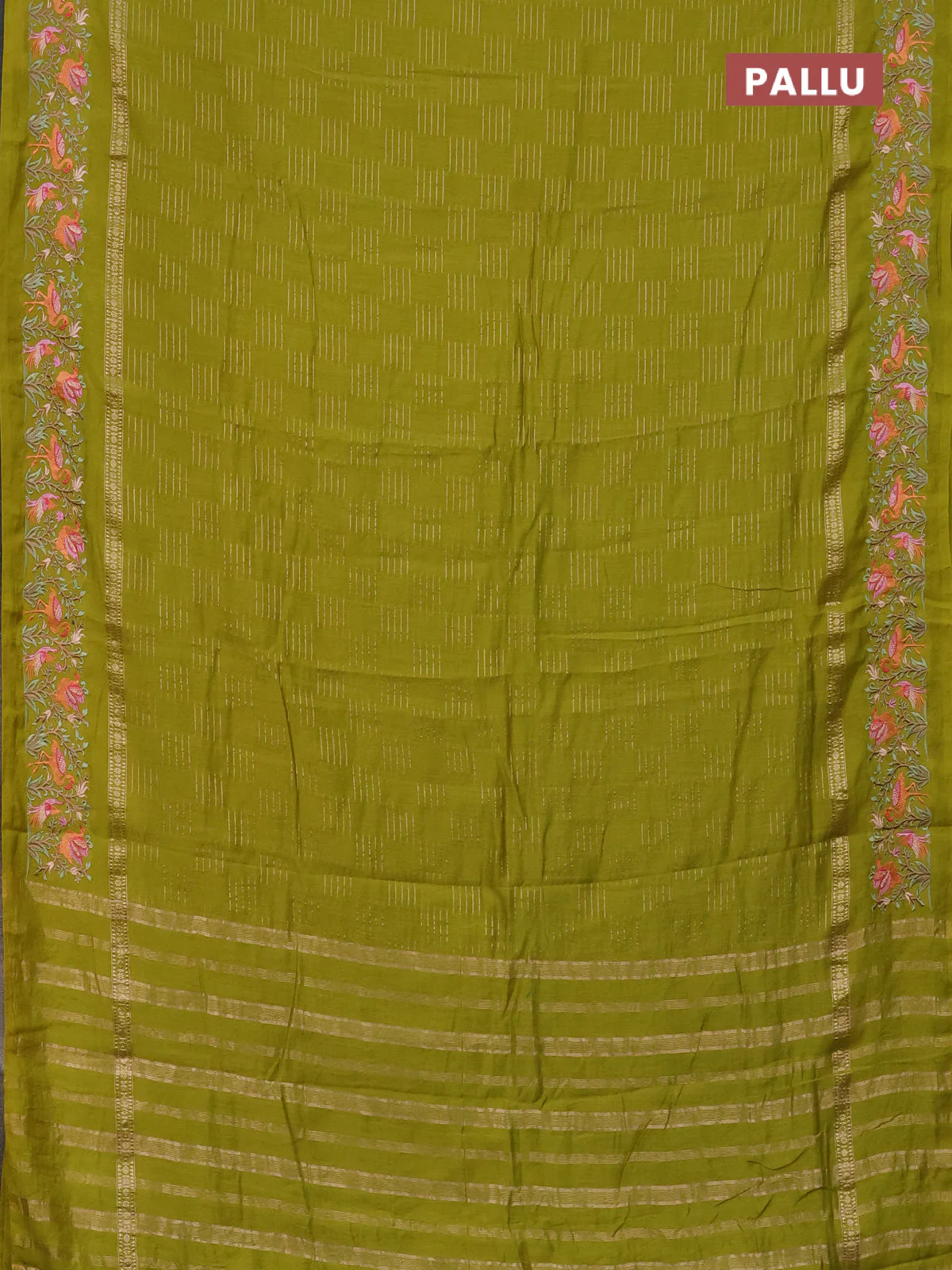 Semi chanderi saree lime green with allover zari weaves and embroidery border - Image 3