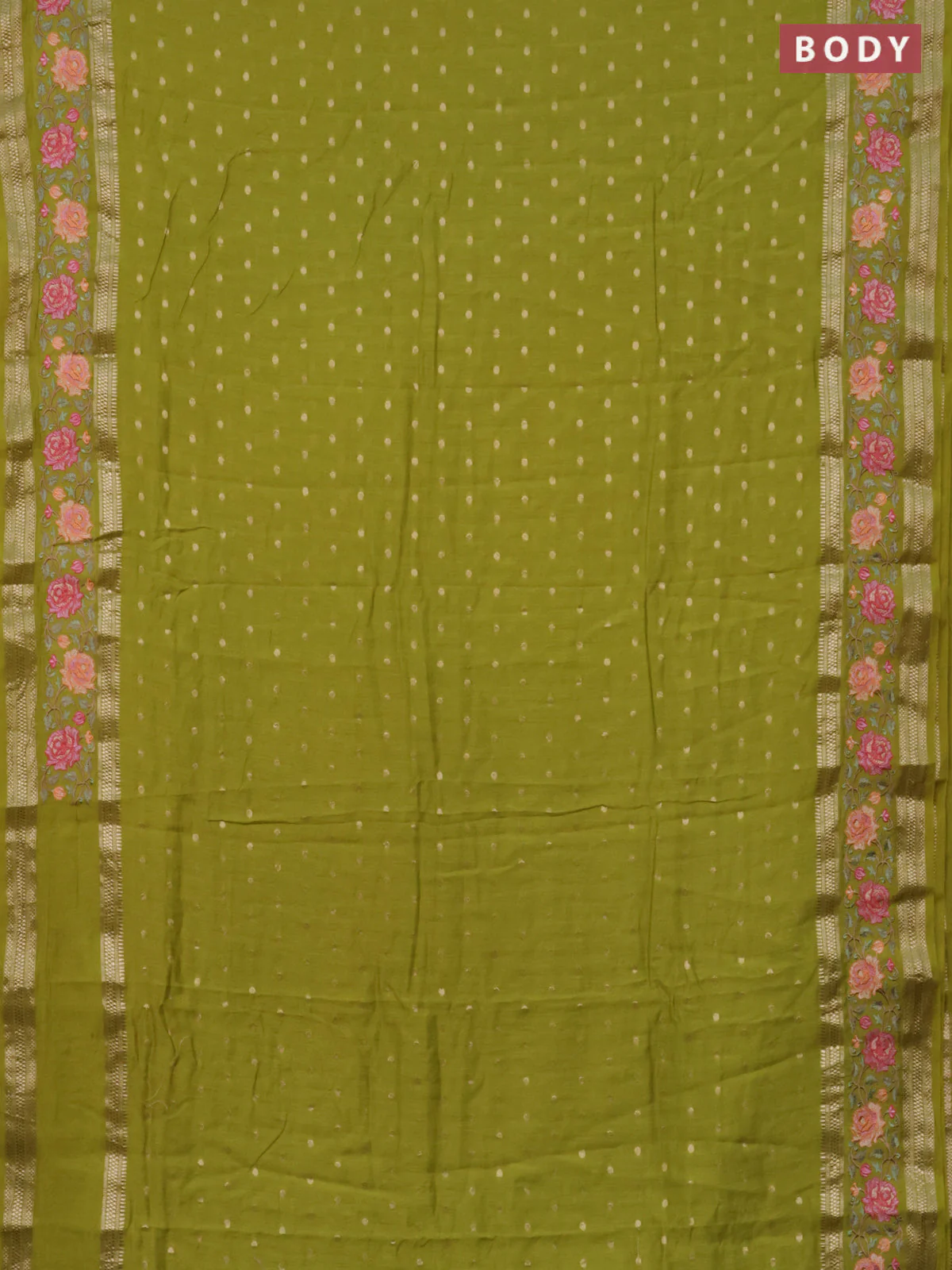 Semi chanderi saree lime green with allover zari woven buttas and floral embroidery border - Image 2