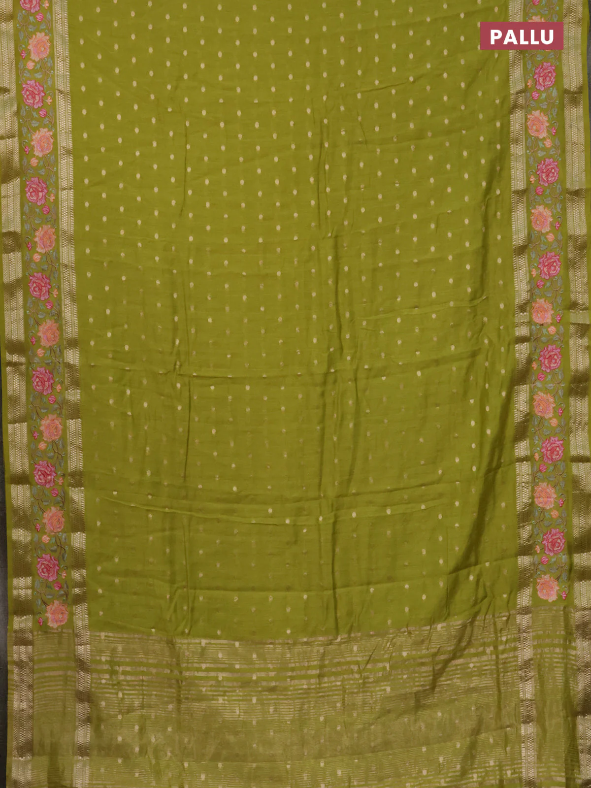Semi chanderi saree lime green with allover zari woven buttas and floral embroidery border - Image 3