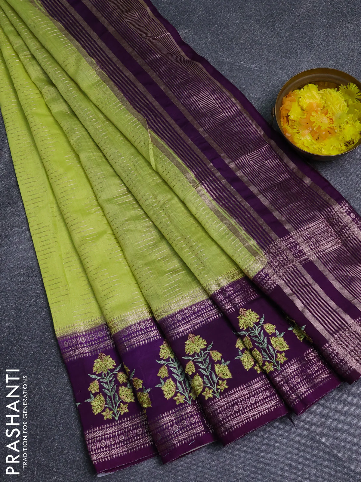 Semi chanderi saree lime yellow and purple with allover zari weaves and embroidery zari border