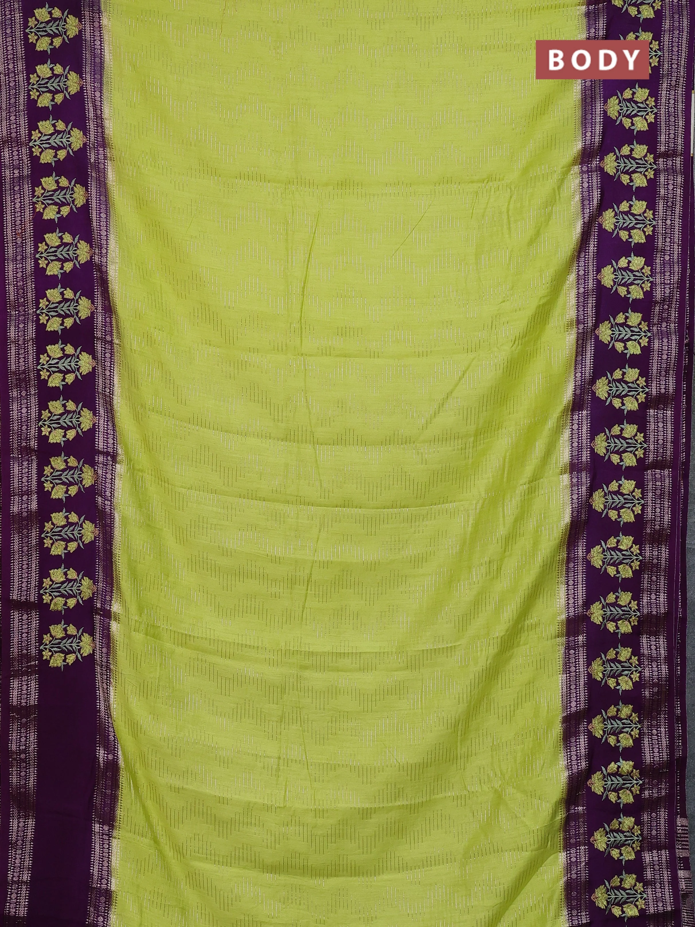 Semi chanderi saree lime yellow and purple with allover zari weaves and embroidery zari border - Image 2