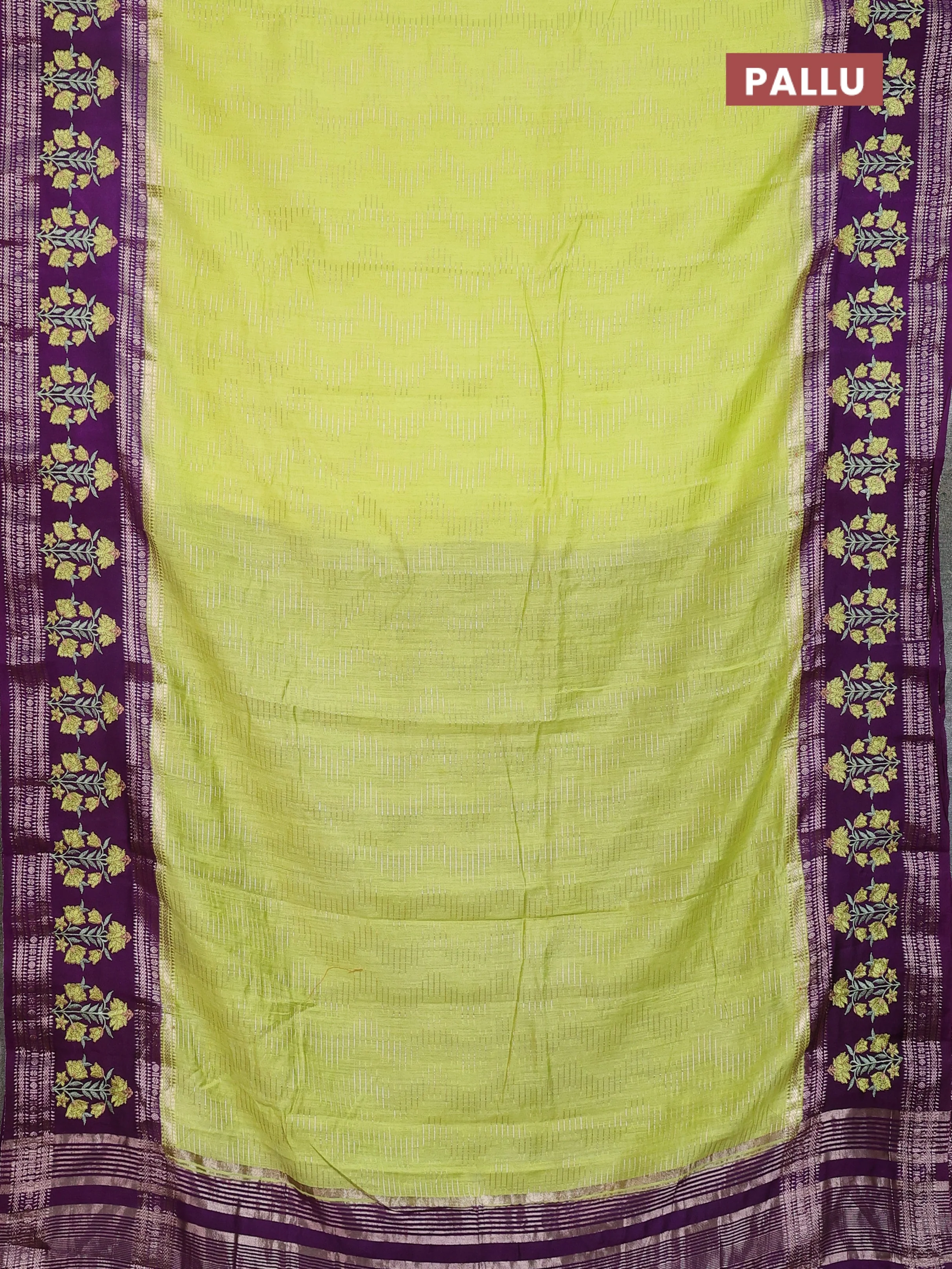 Semi chanderi saree lime yellow and purple with allover zari weaves and embroidery zari border - Image 3
