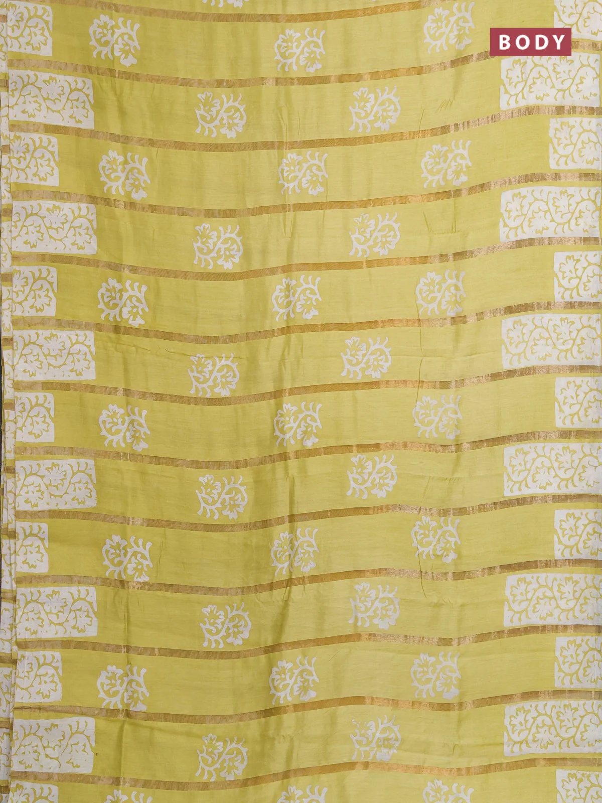 Semi chanderi saree lime yellow with allover zari strips & batik butta prints in borderless style - Image 2