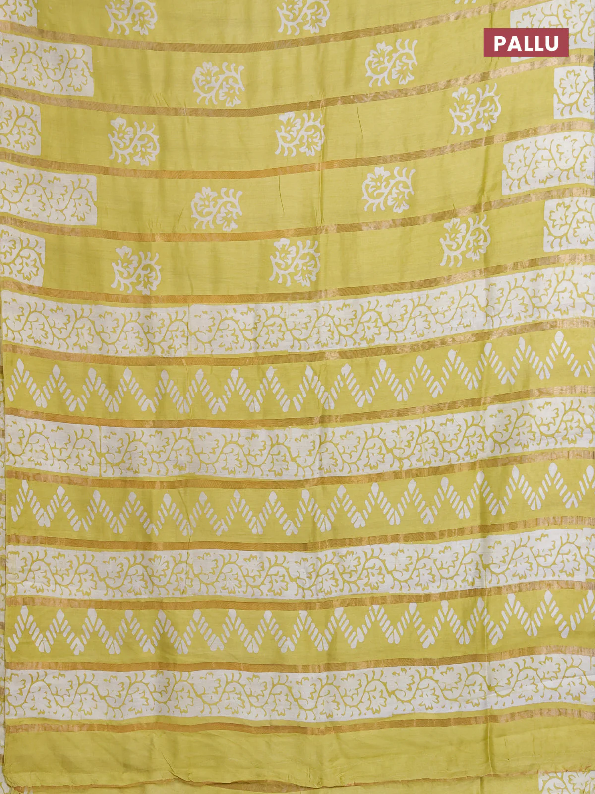 Semi chanderi saree lime yellow with allover zari strips & batik butta prints in borderless style - Image 3