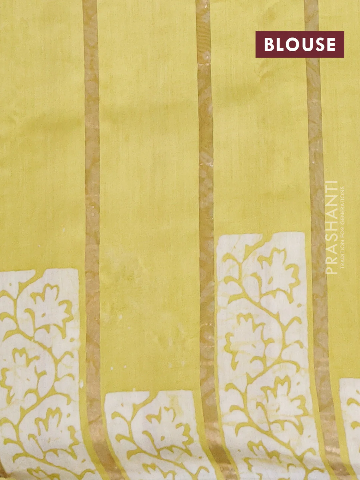 Semi chanderi saree lime yellow with allover zari strips & batik butta prints in borderless style - Image 4